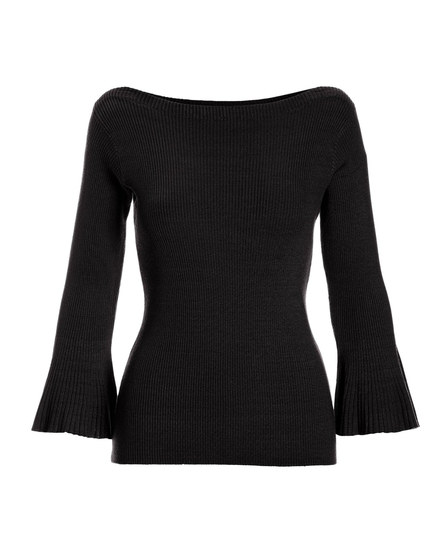 Ribbed Boatneck Flare Sleeve Sweater Black