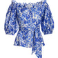 Ocean Fleurs Print Eyelet Puff Sleeve Tie Waist Peplum Blouse Blue