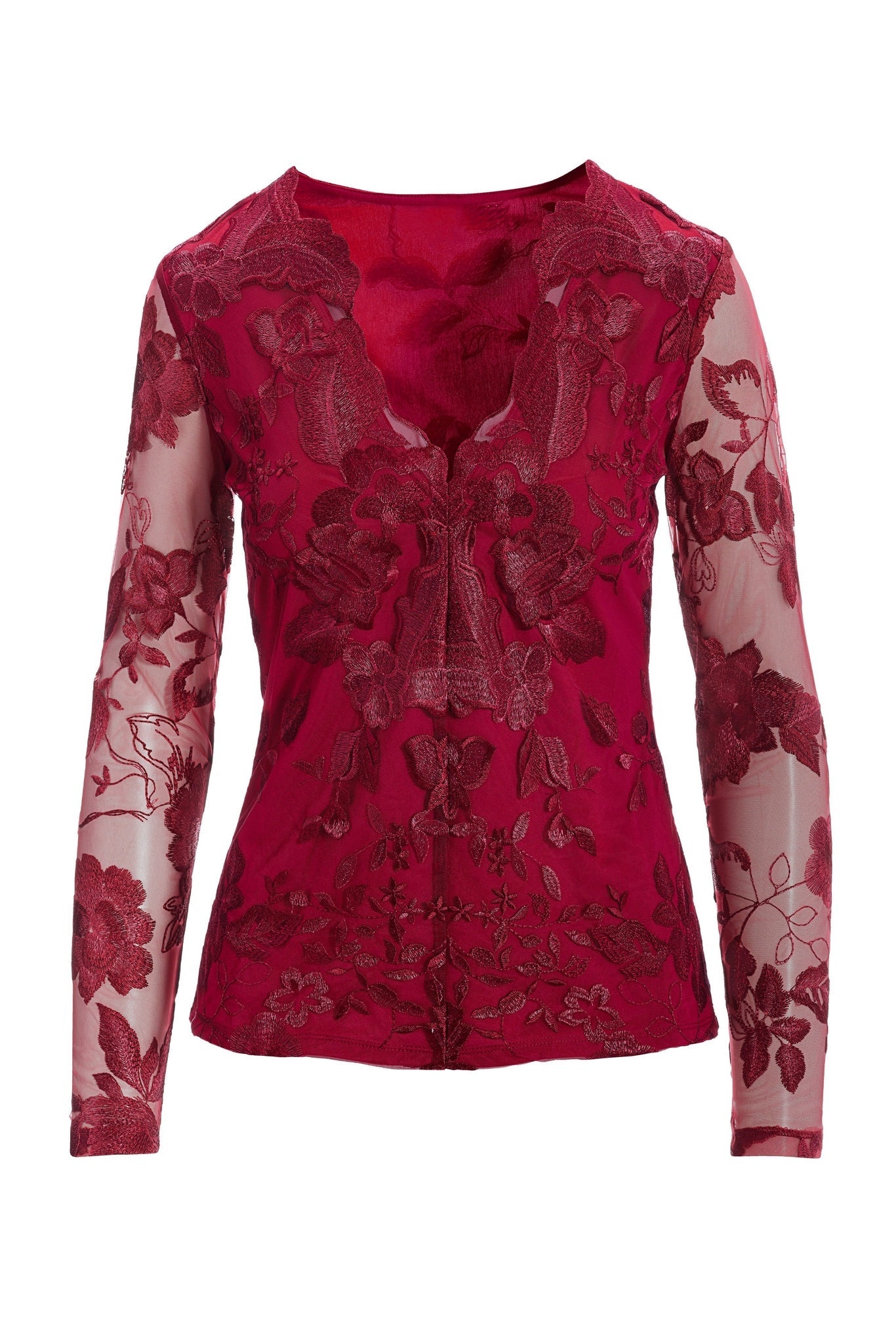 Scallop Embroidered Lace Illusion Top Red