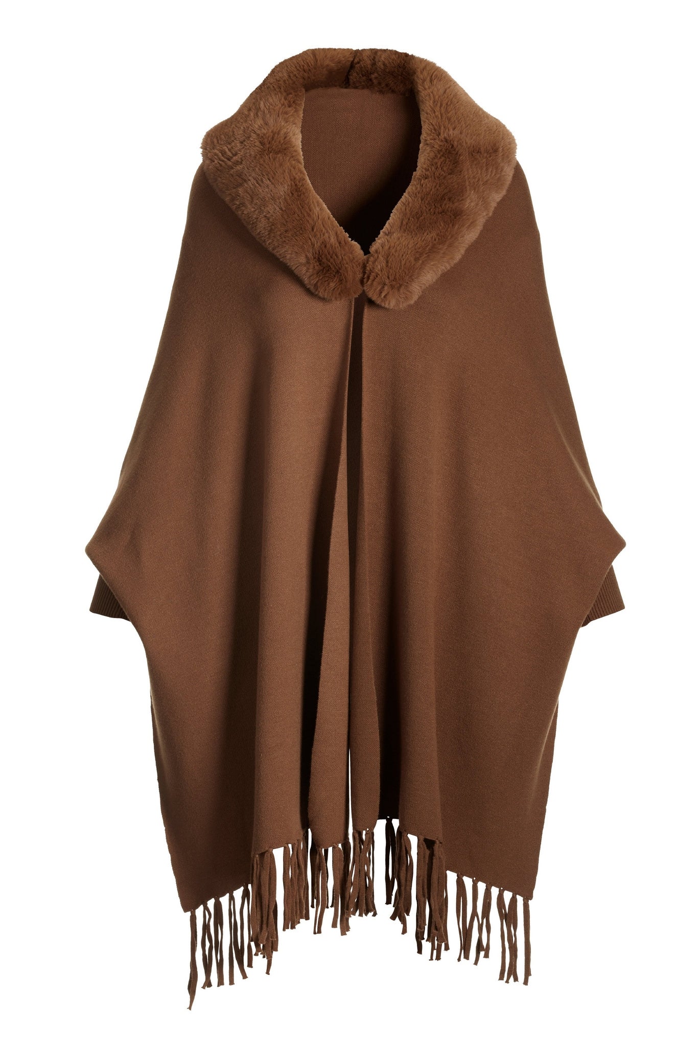Fur Collar Fringe Poncho Cognac