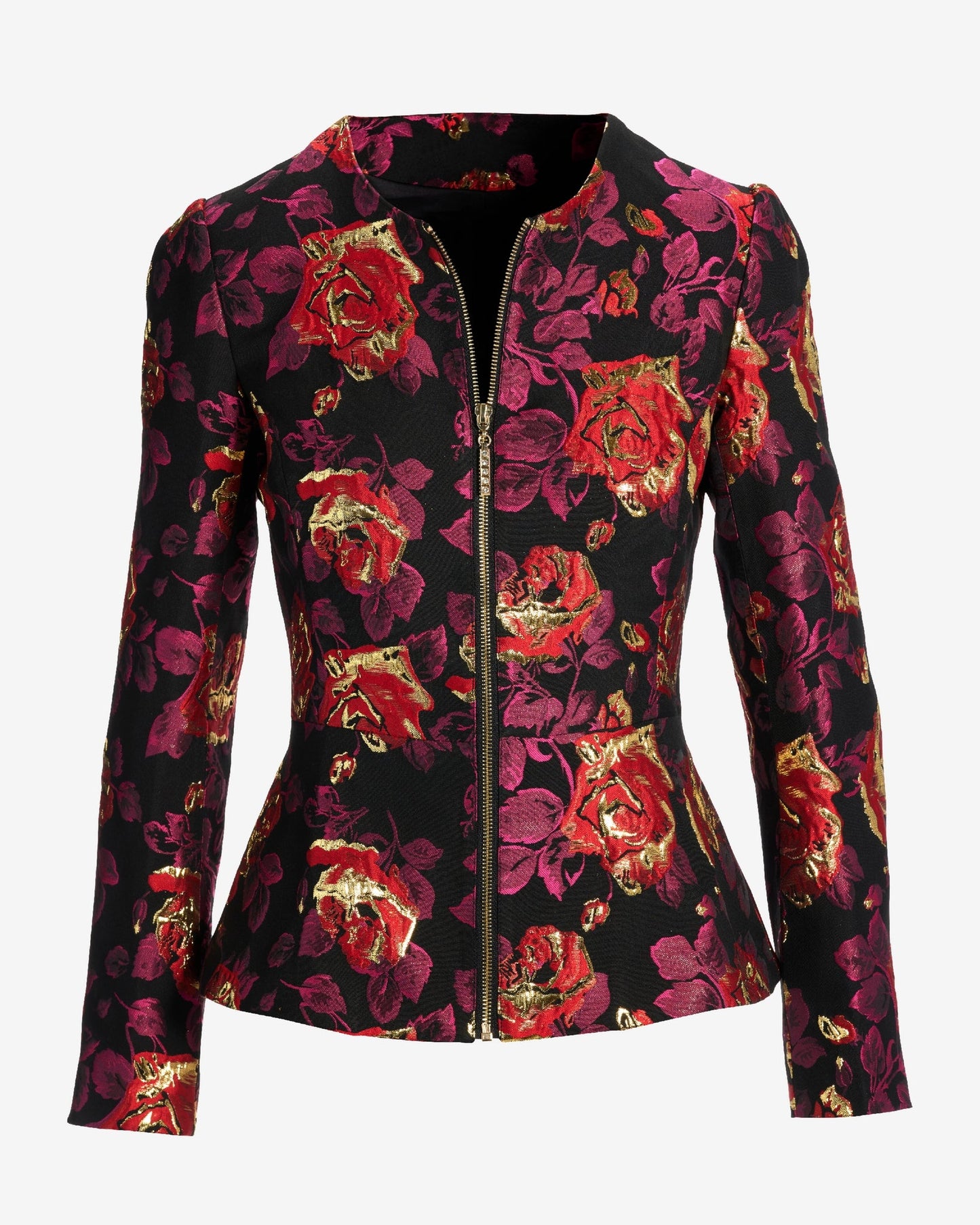 Floral Metallic Jacquard Peplum Collarless Zip Jacket Black Multi
