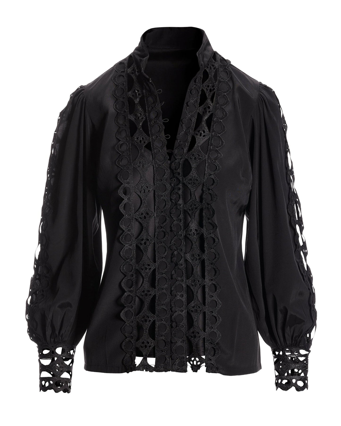 Cutout Lace Button Up Shirt Black