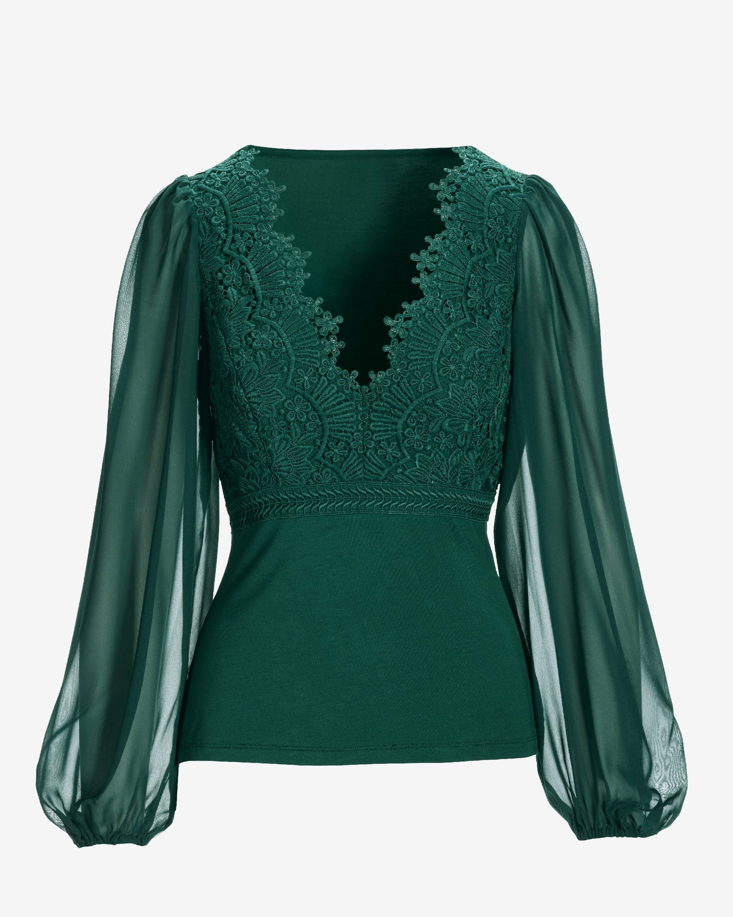 Scallop Lace Long Sleeve Top Deep Emerald