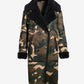 Camouflage Print Faux Suede and Shearling Coat Black Multi