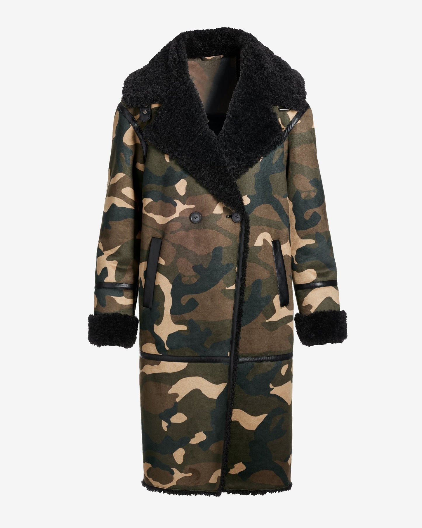 Camouflage Print Faux Suede and Shearling Coat Black Multi
