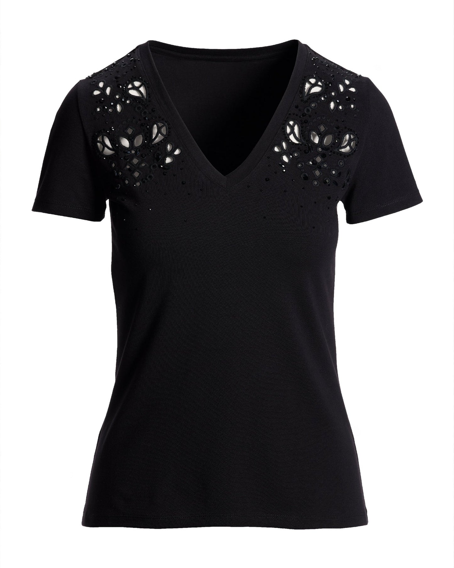Rhinestone Eyelet V Neck Tee Proper Black