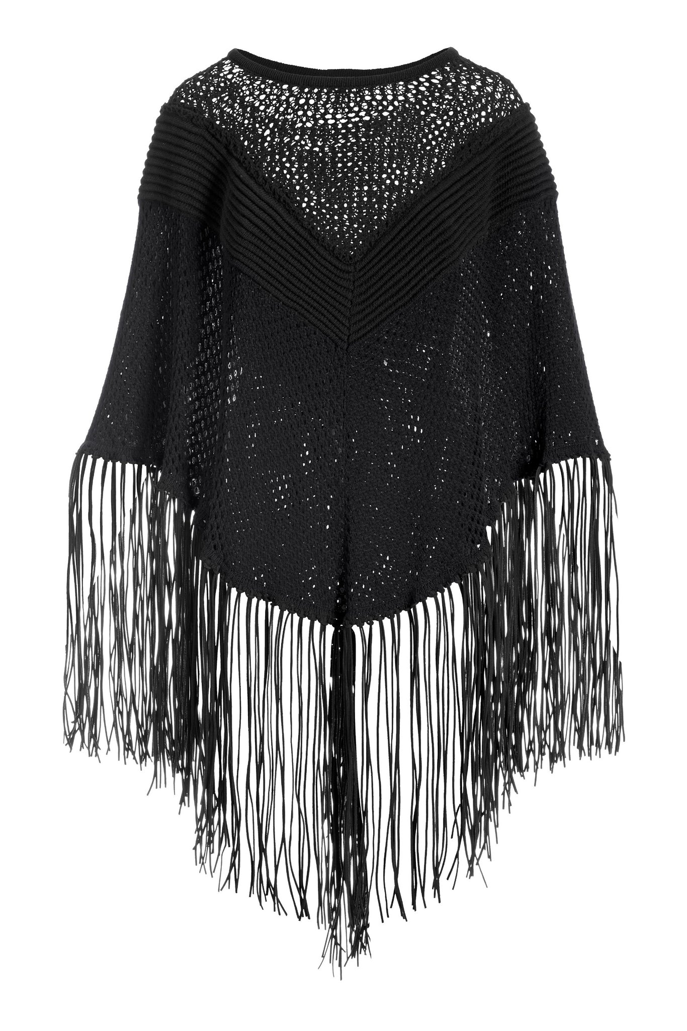 Faux Suede Fringe Poncho Black
