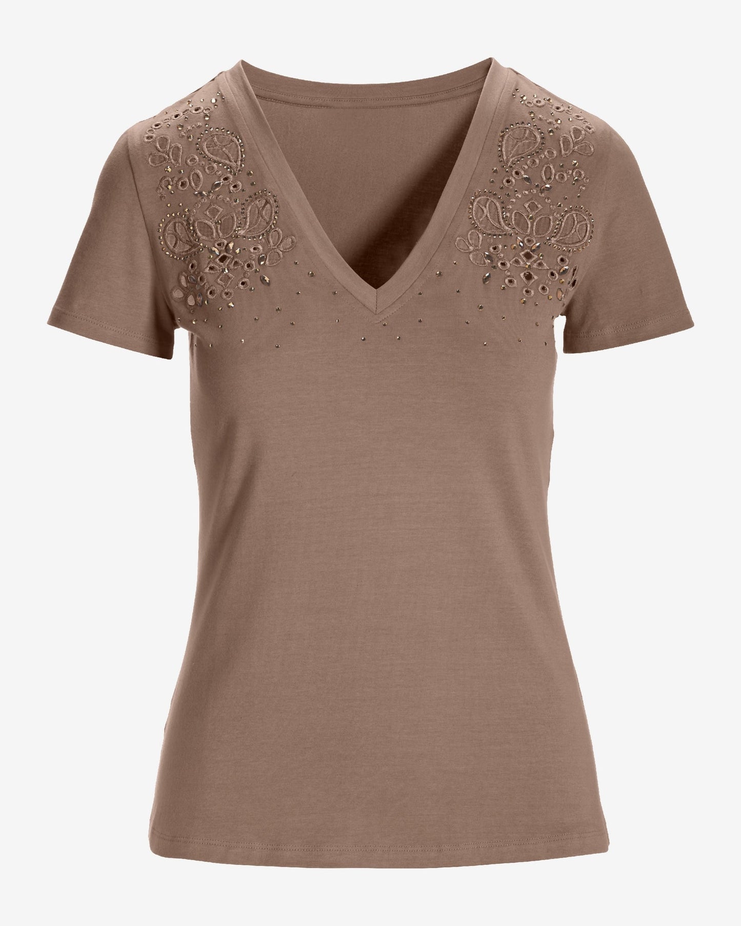Rhinestone Eyelet V Neck Tee Dune