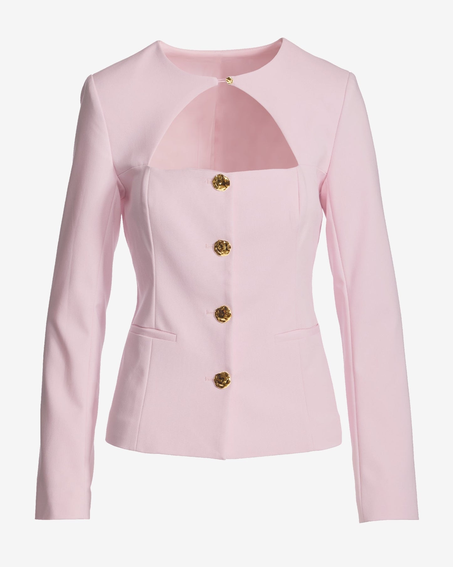Modern Cutout Novelty Button Peplum Blazer Pink Quartz