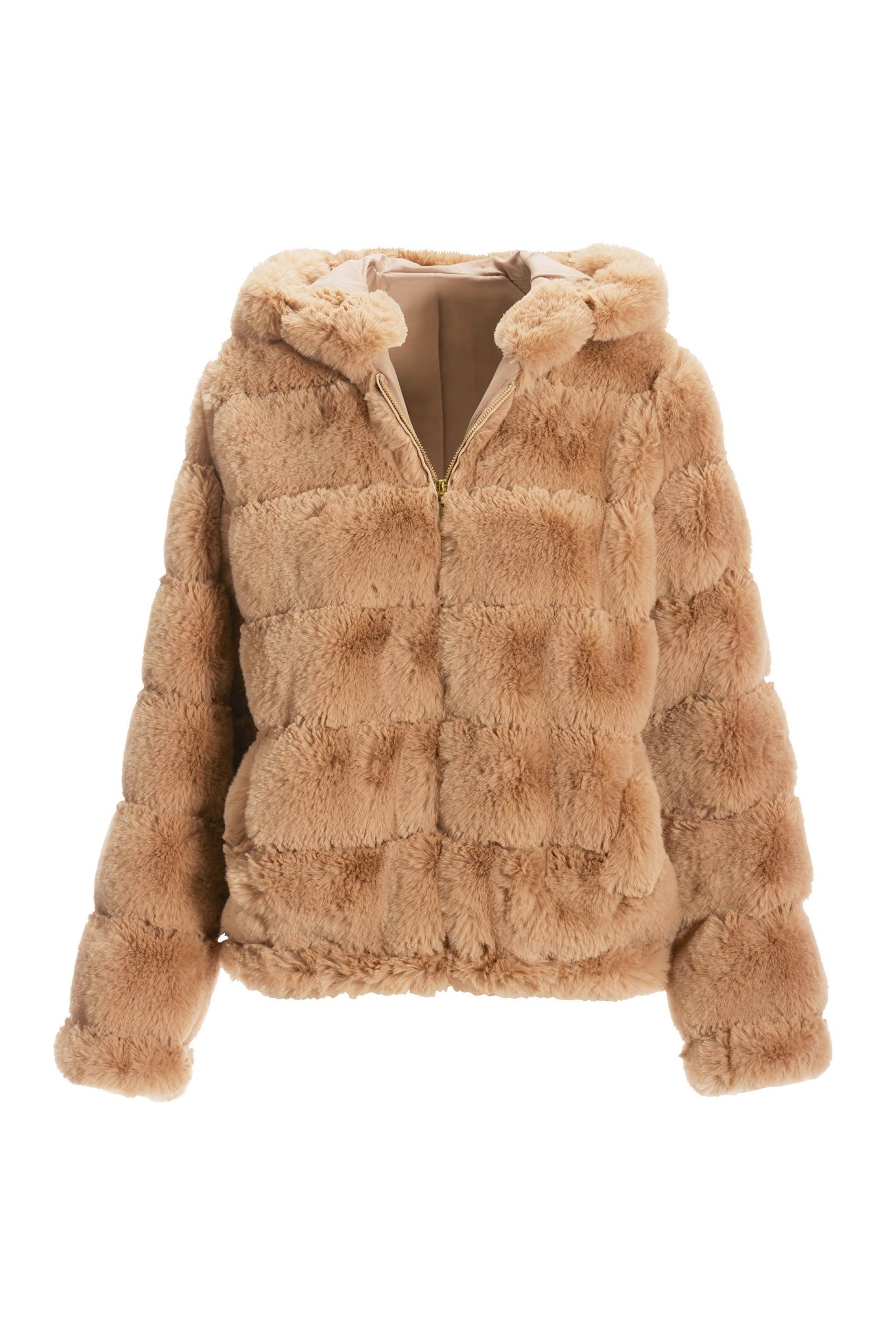 Quilted Faux Fur Hooded Jacket Camel