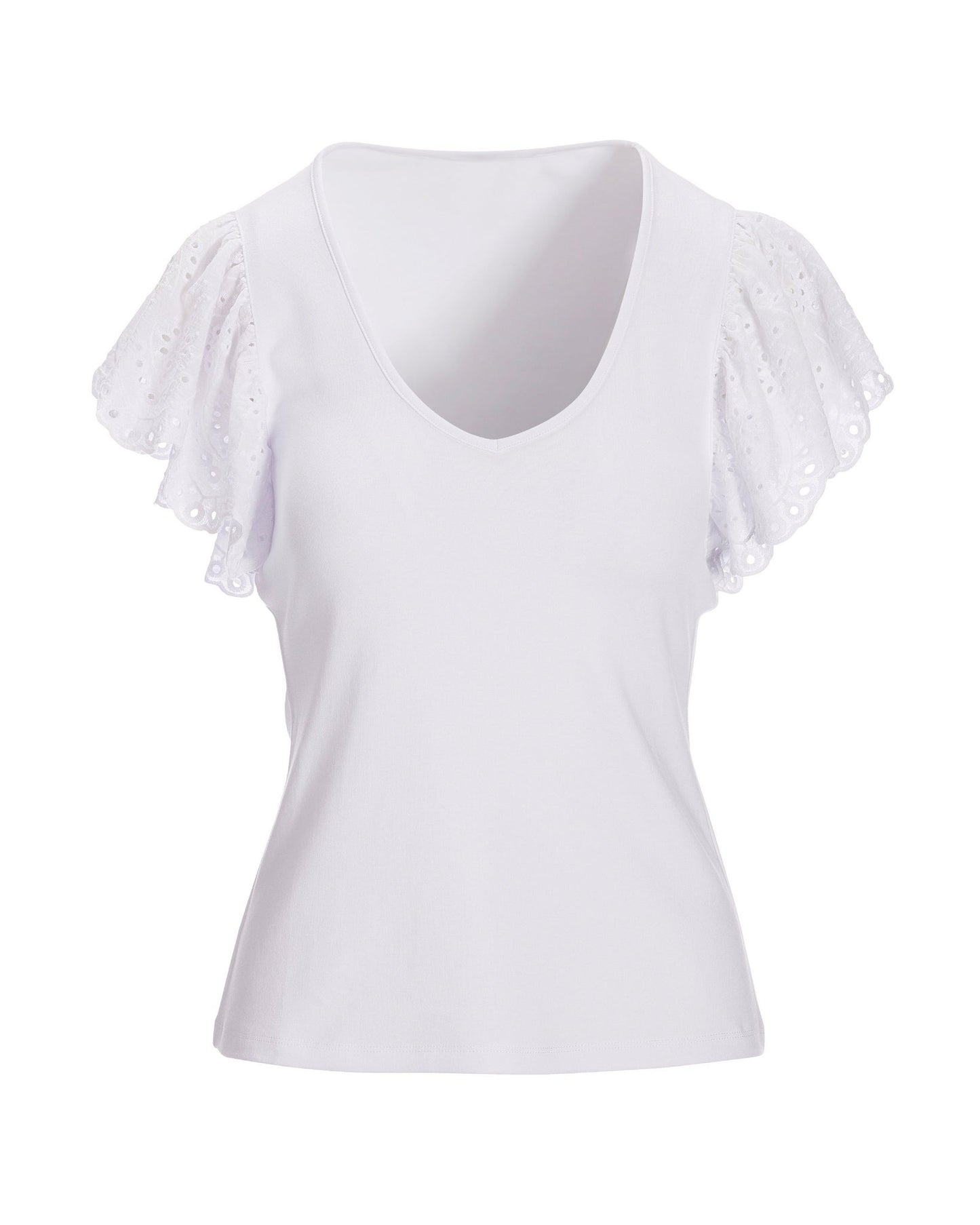 Eyelet-Sleeve V-Neck Knit Top White