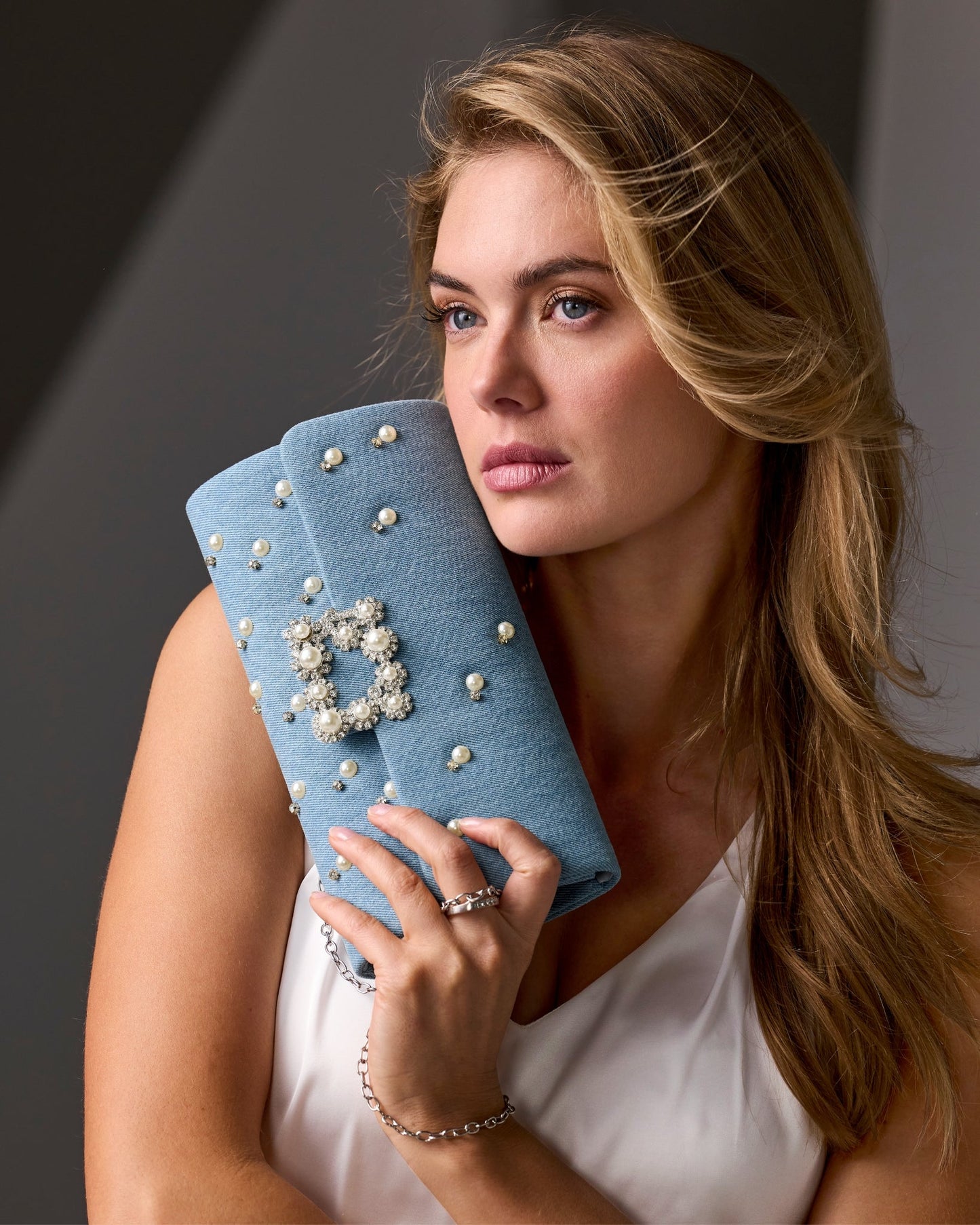 Denim Rhinestone Clutch Blue Denim