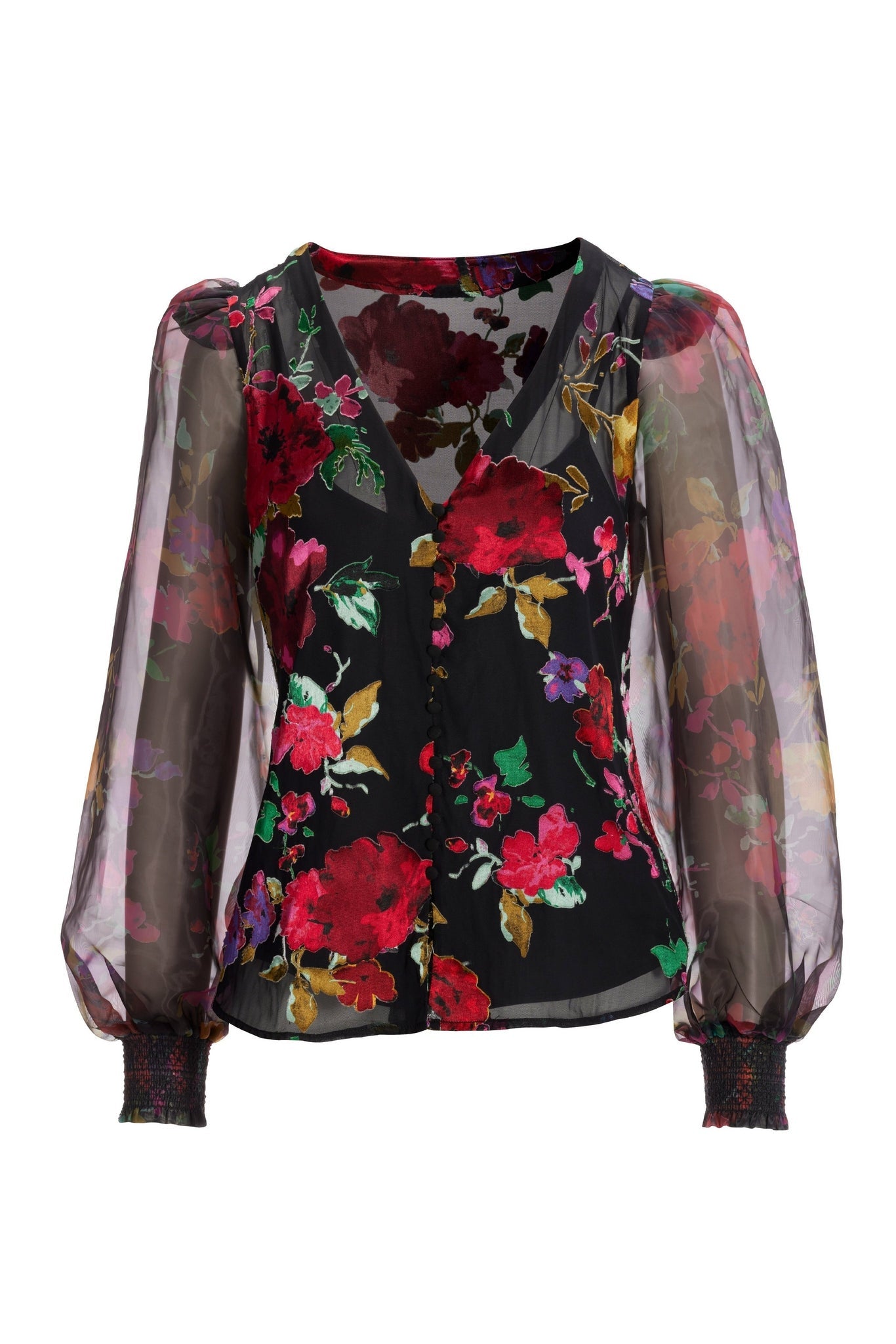 Floral Print Organza Button-Up Long-Sleeve Shirt Multi