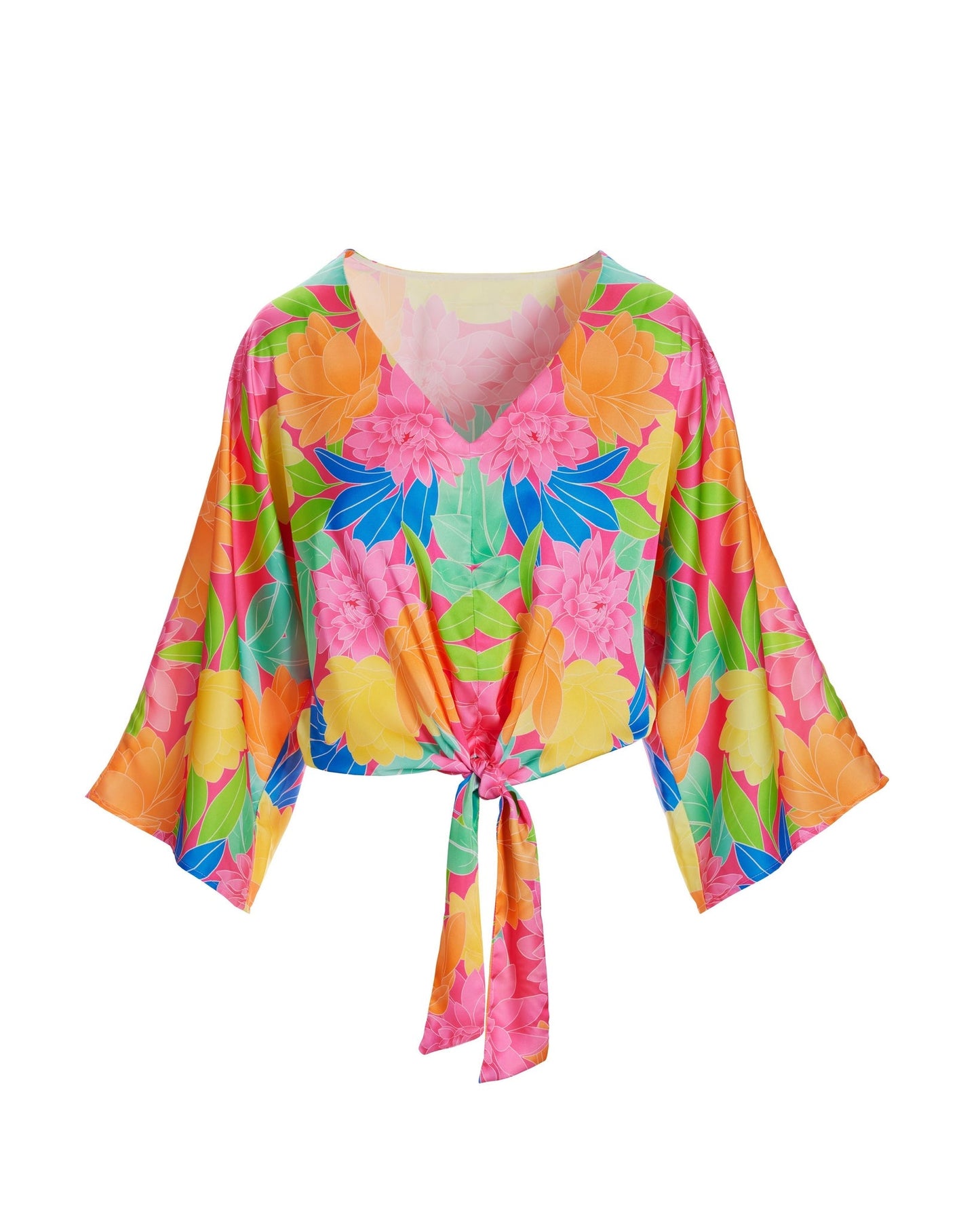 Mirrored Blooms Print Kate Tie Front Charmeuse Blouse Pink Multi