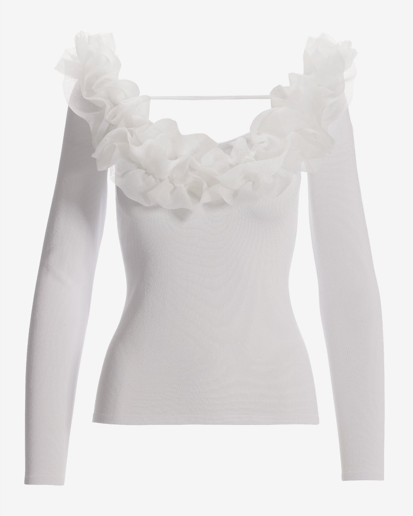Organza Ruffle V Neck Sweater Off White
