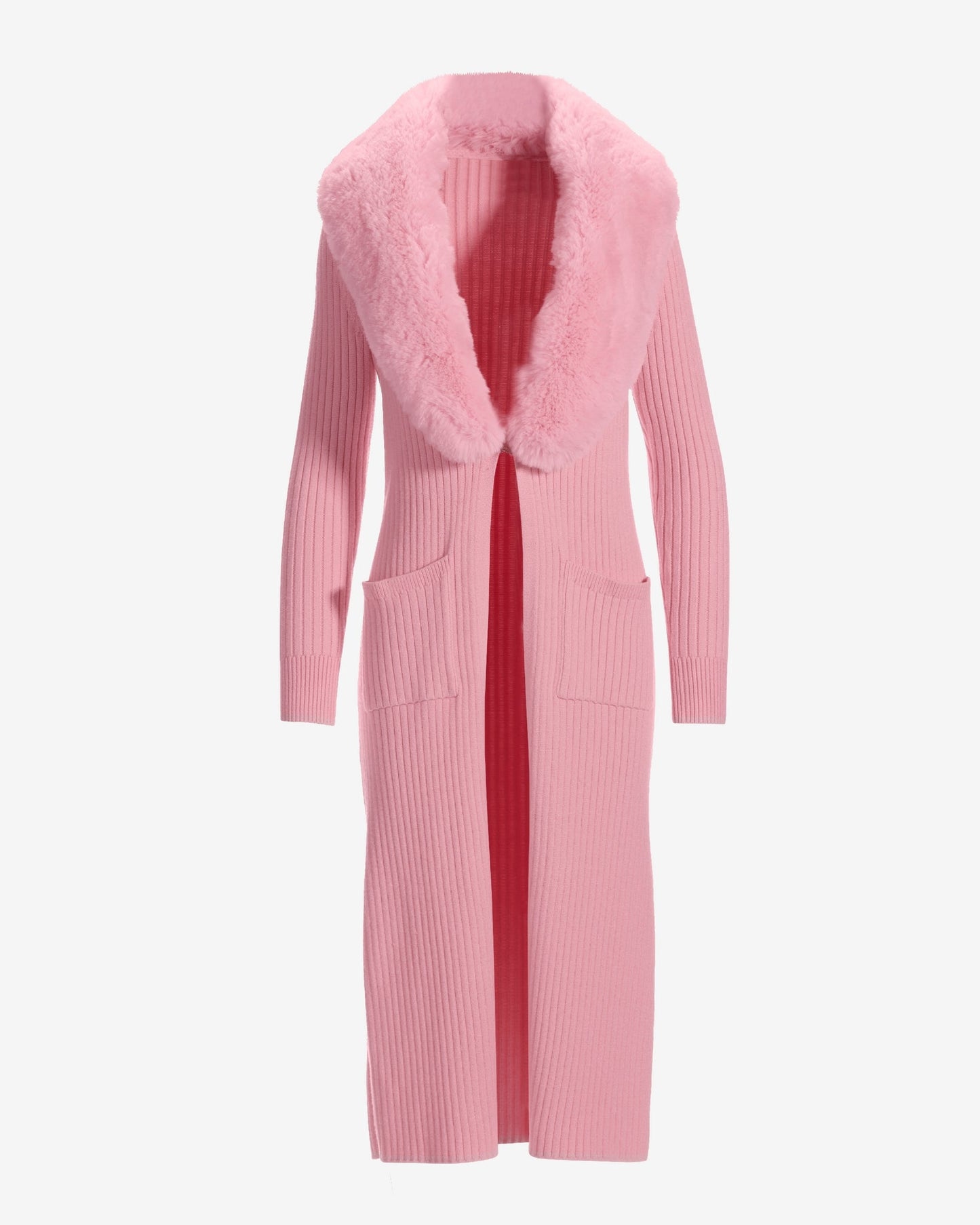 Faux Fur Collar Ribbed Long Cardigan Rose Shadow