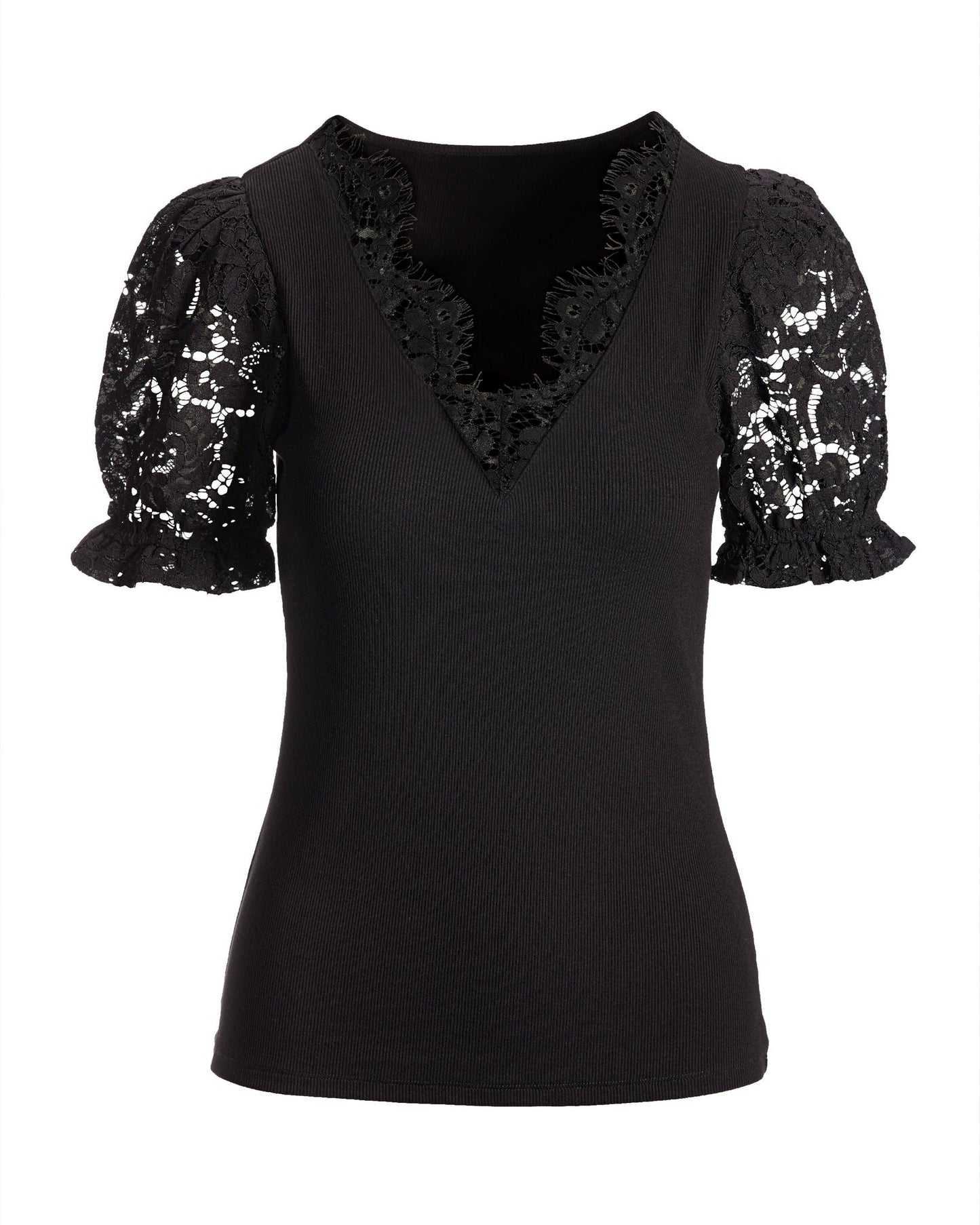 So Essential Lace V Neck Puff Sleeve Top Proper Black