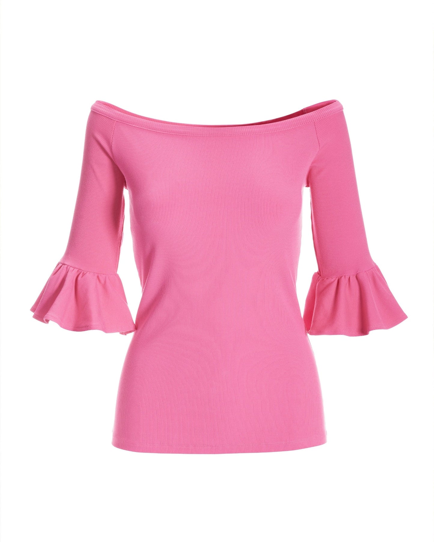 So Essential Rib Boatneck Flare Sleeve Top Shocking Pink