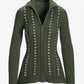 Turtleneck Zip Up Cable Embellished Cardigan Sweater Olive Night