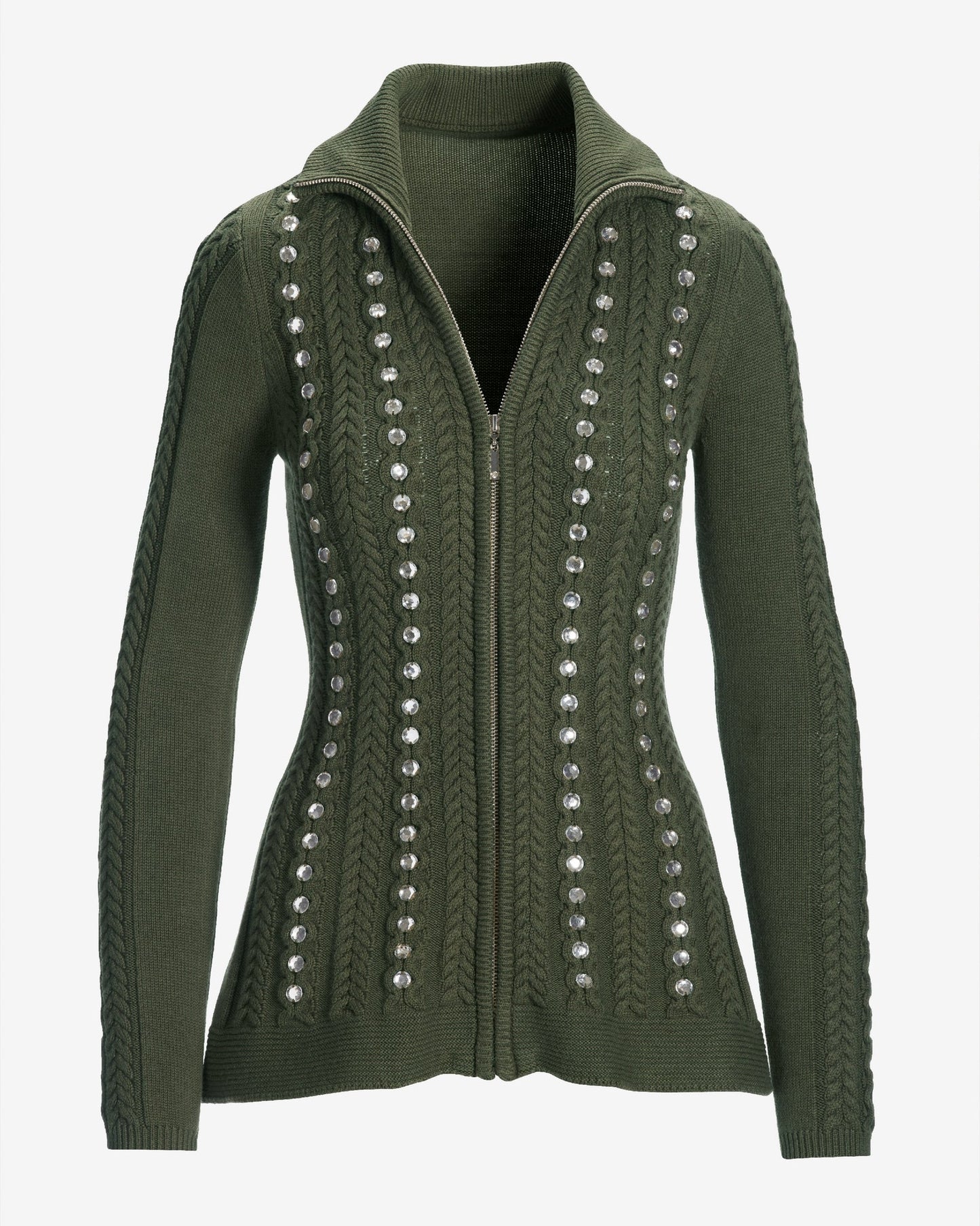 Turtleneck Zip Up Cable Embellished Cardigan Sweater Olive Night