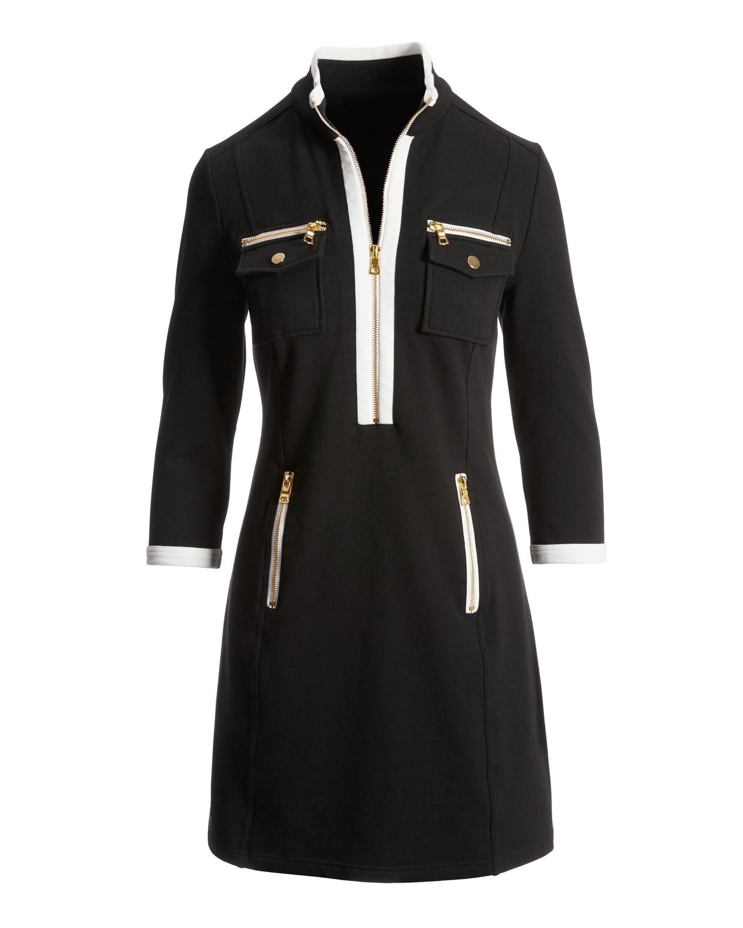 Three Qtr Slv Chic Zip Dress Black/White