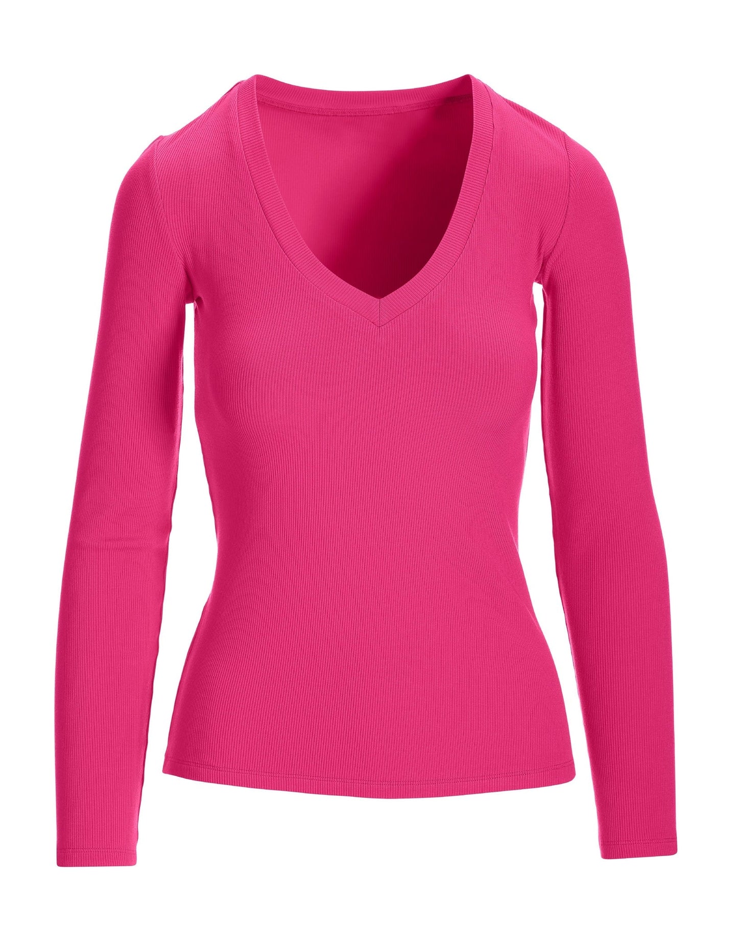 So Essential Ribbed V Neck Long Sleeve Top Pink Peacock