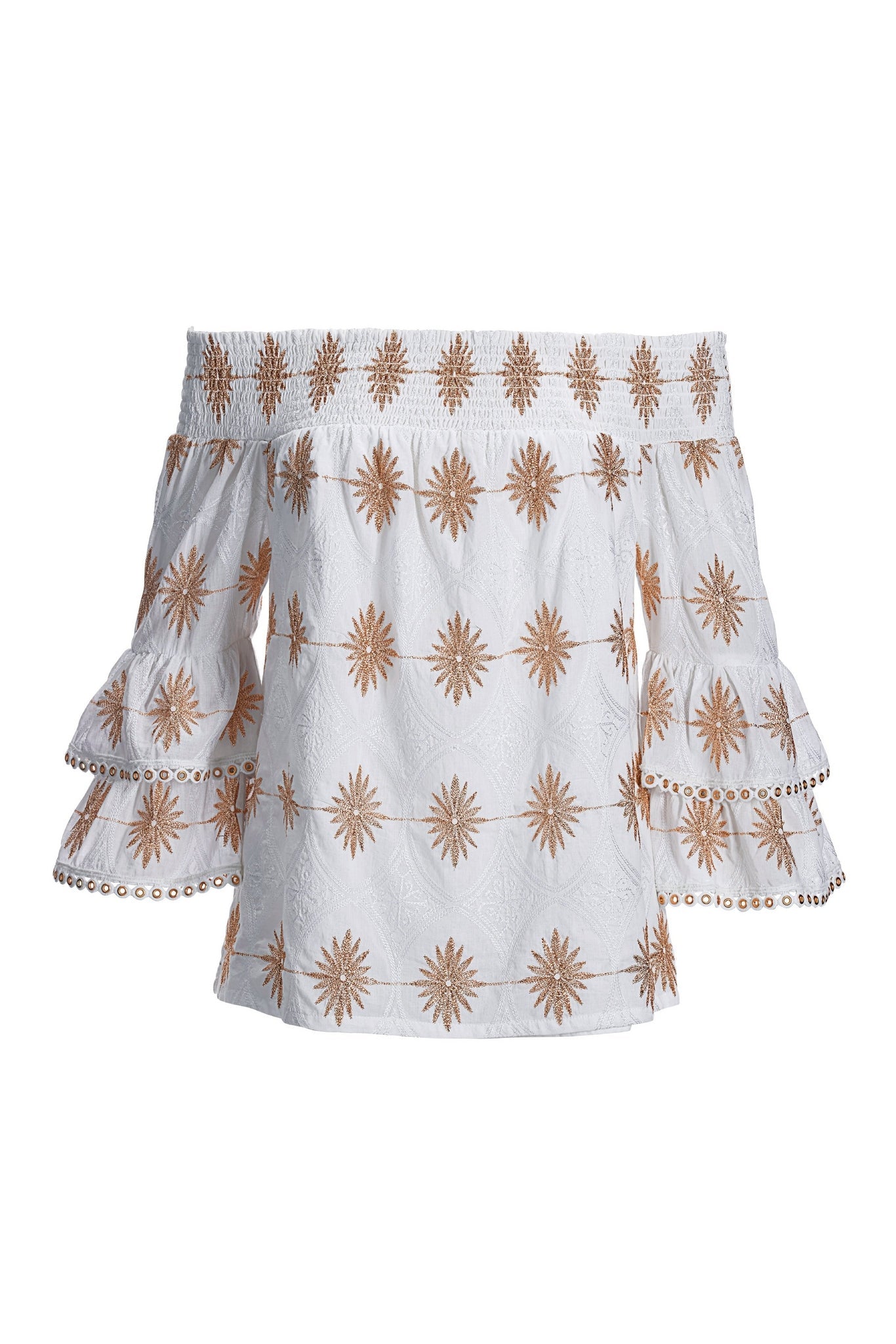 Metallic Off-The-Shoulder Tiered-Sleeve Blouse White Multi