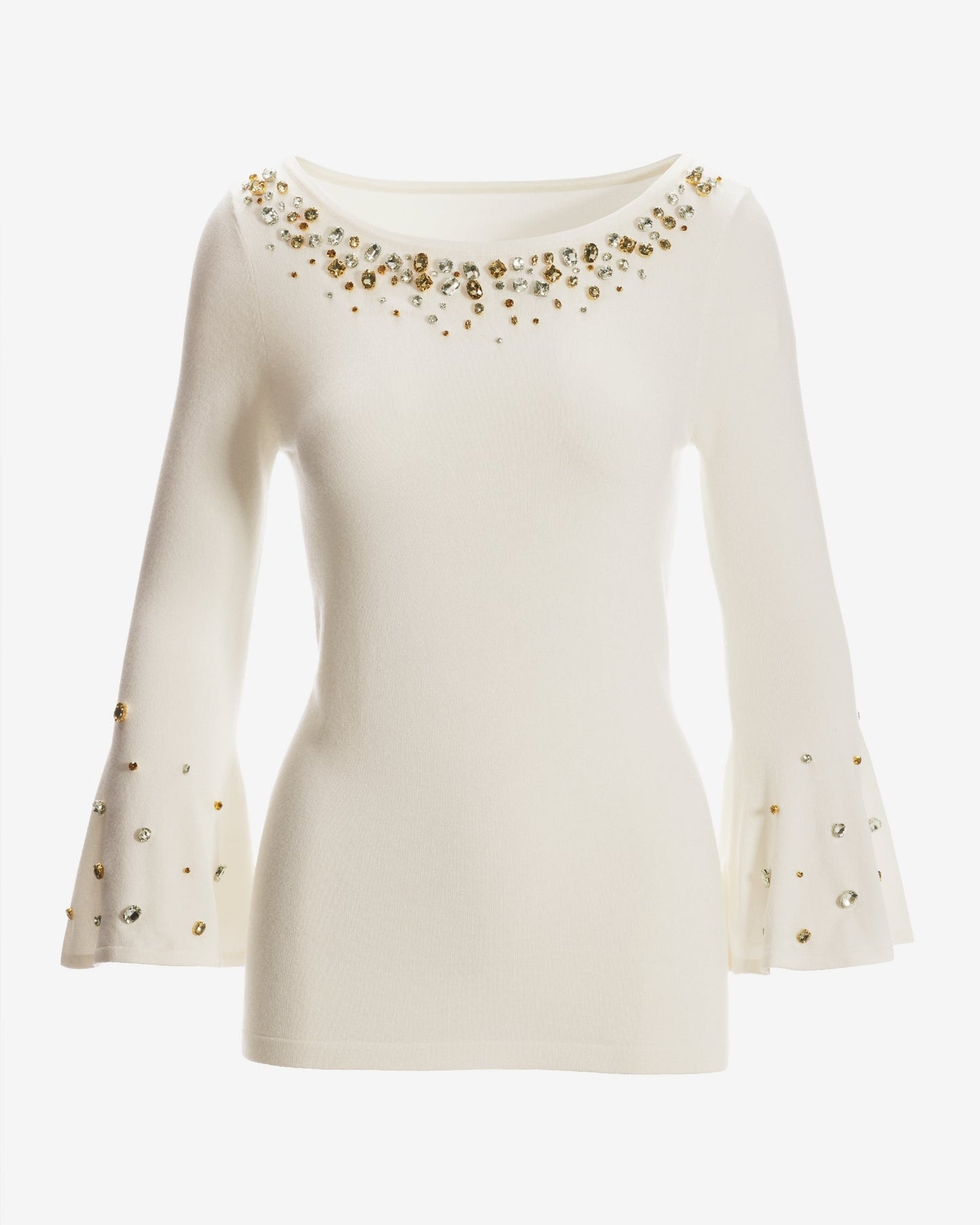 Embellished Boat Neck Flare Sleeve Sweater Off White
