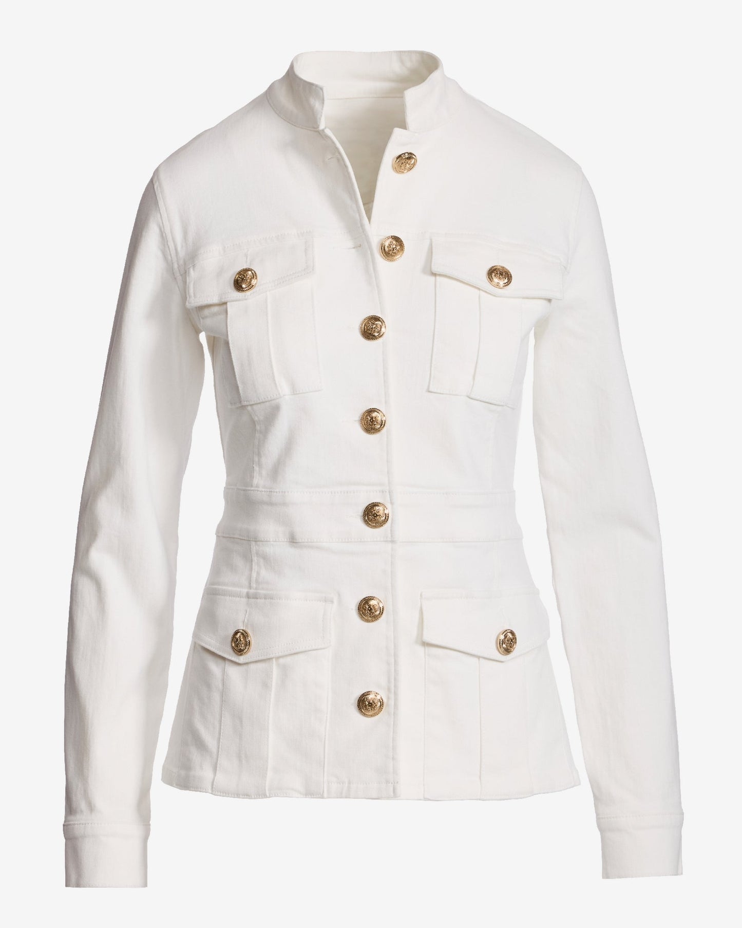 Crest Button Stretch Denim Luxe Utility Jacket Off White