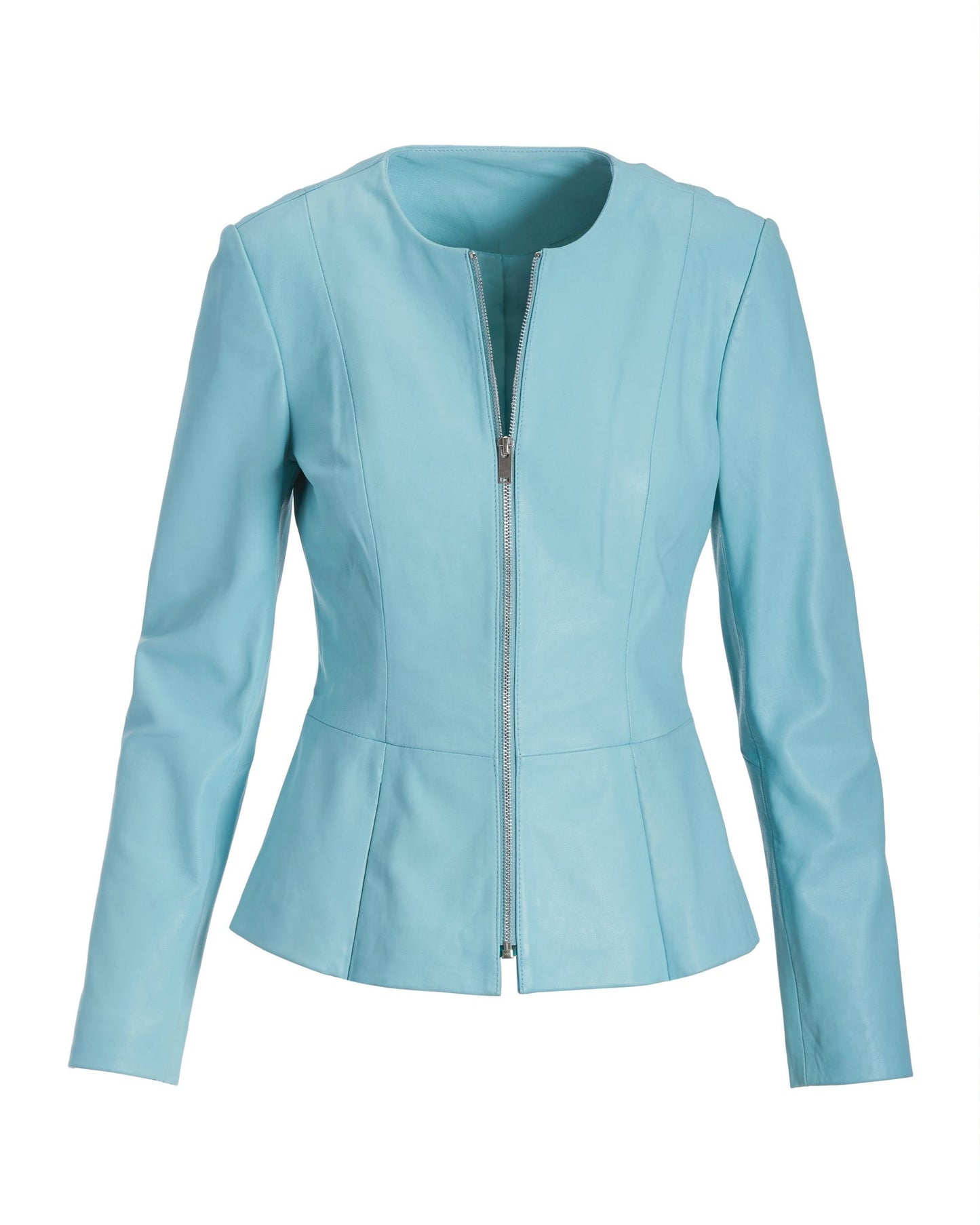 Collarless Peplum Leather Jacket Aqua