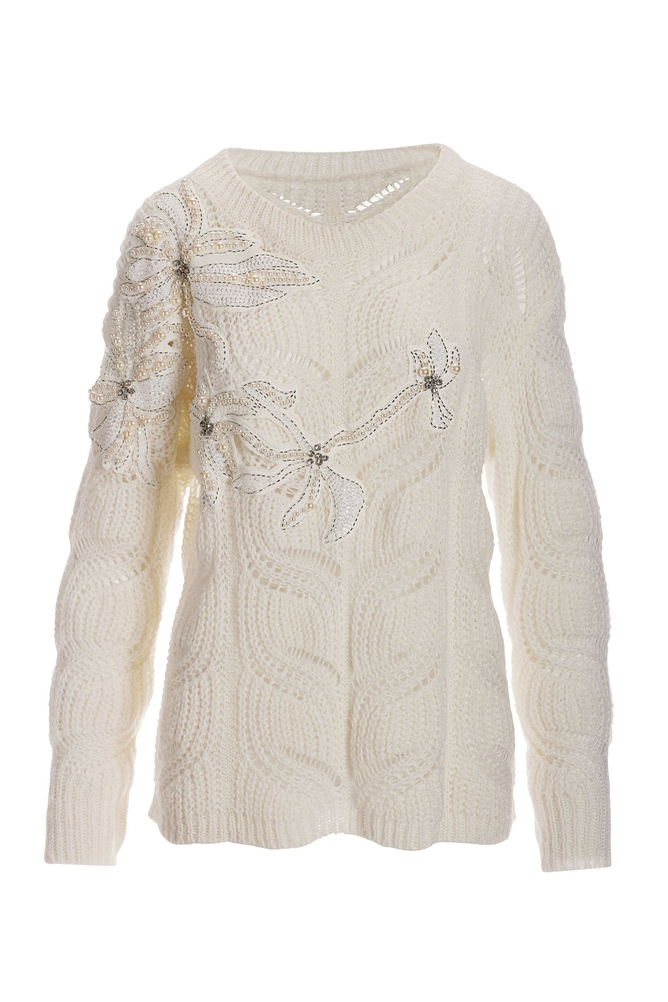 Pearl and Embellished Floral Open Stitch Sweater Off White