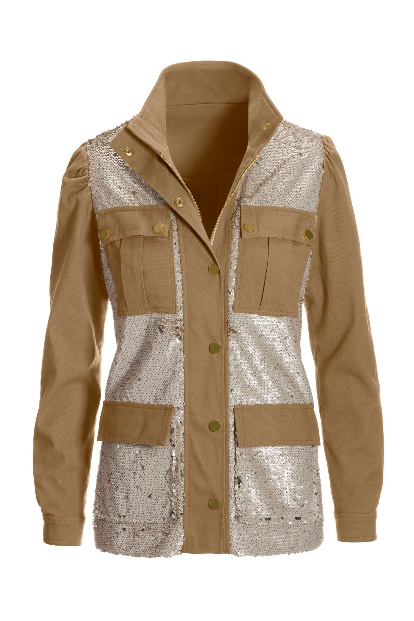 Sequin Embellished Puff Sleeve Utility Jacket Sesame