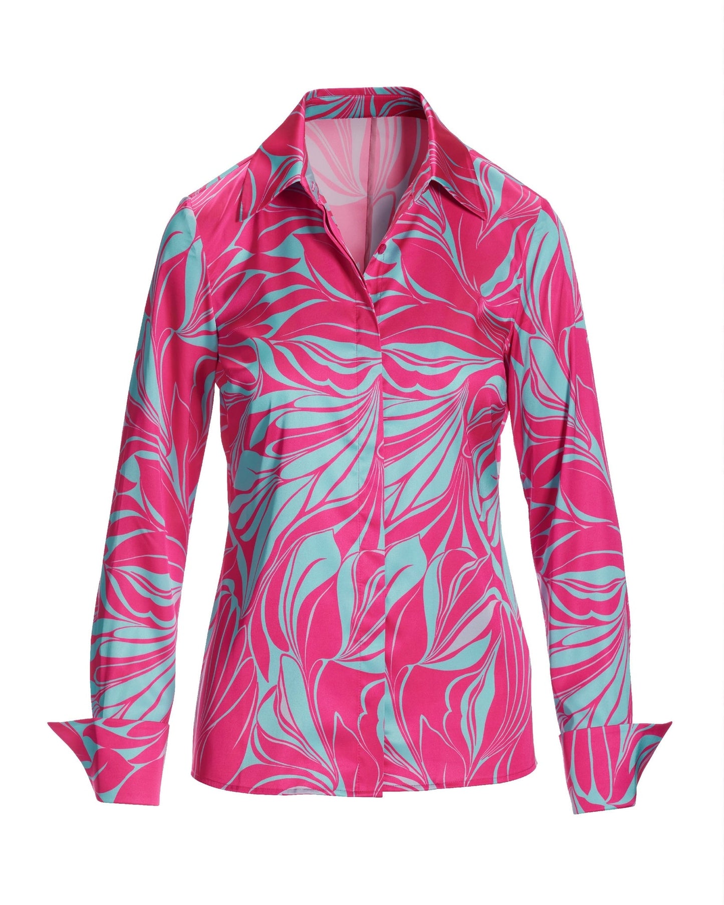 Sirena Abstract Print Sophia Button Up Charmeuse Blouse Blue/Pink