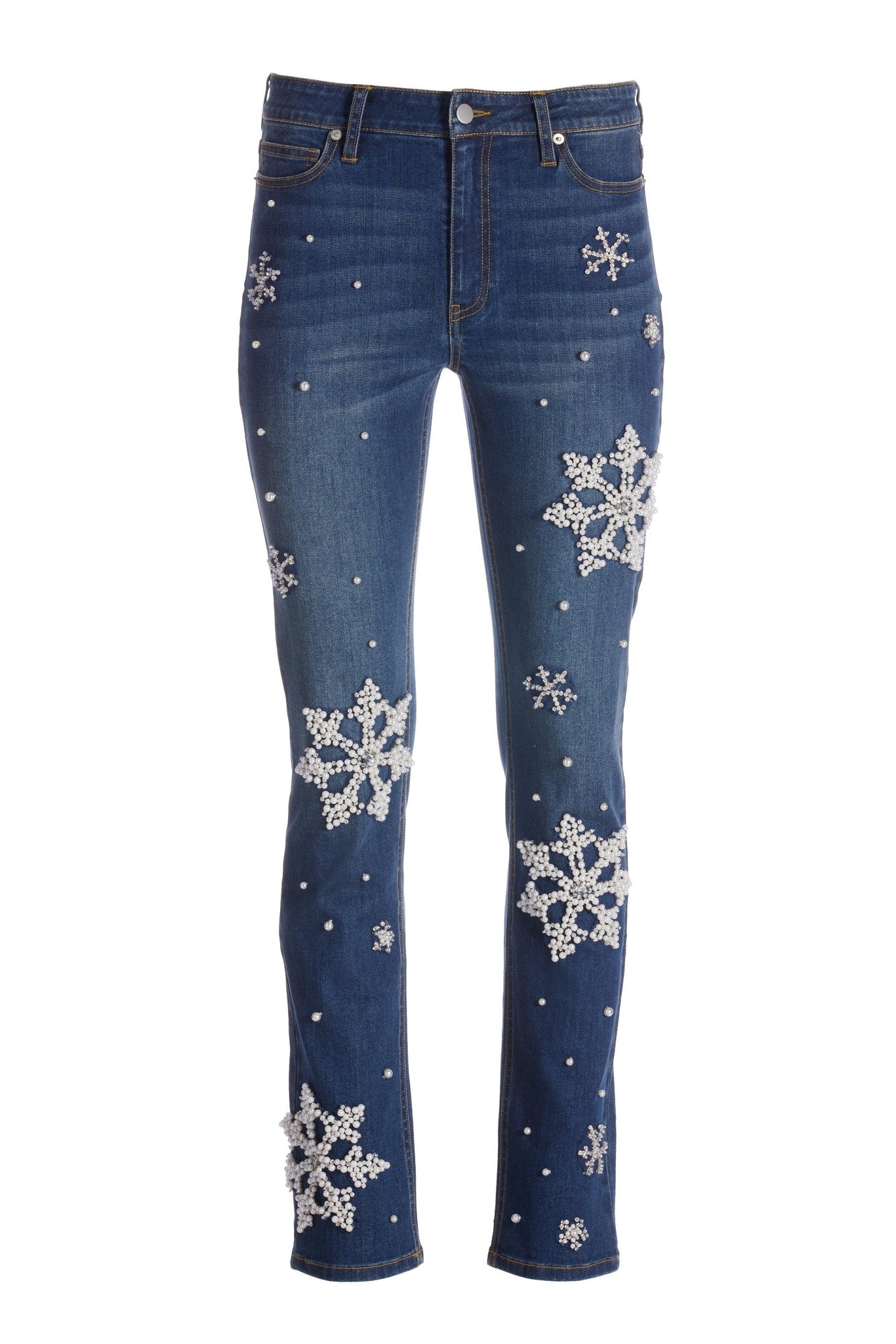 Pearl Embellished Snowflake Jean Med Wash Denim