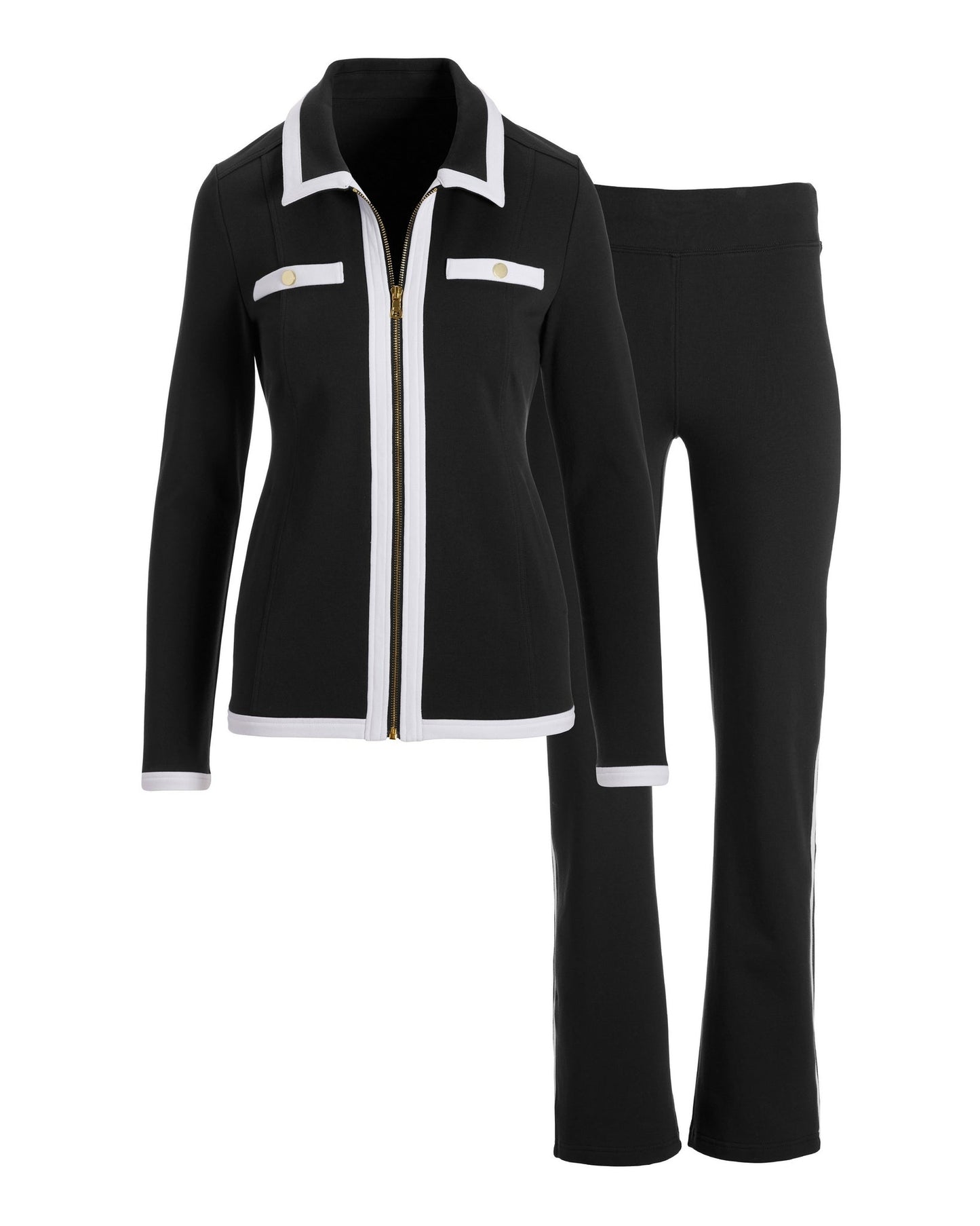 Collared Color Block Zip Sport Set Black/White