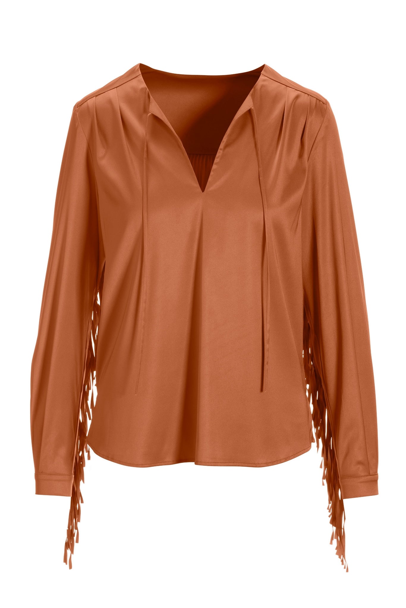 Fringe V Neck Charmeuse Blouse Peach Nectar
