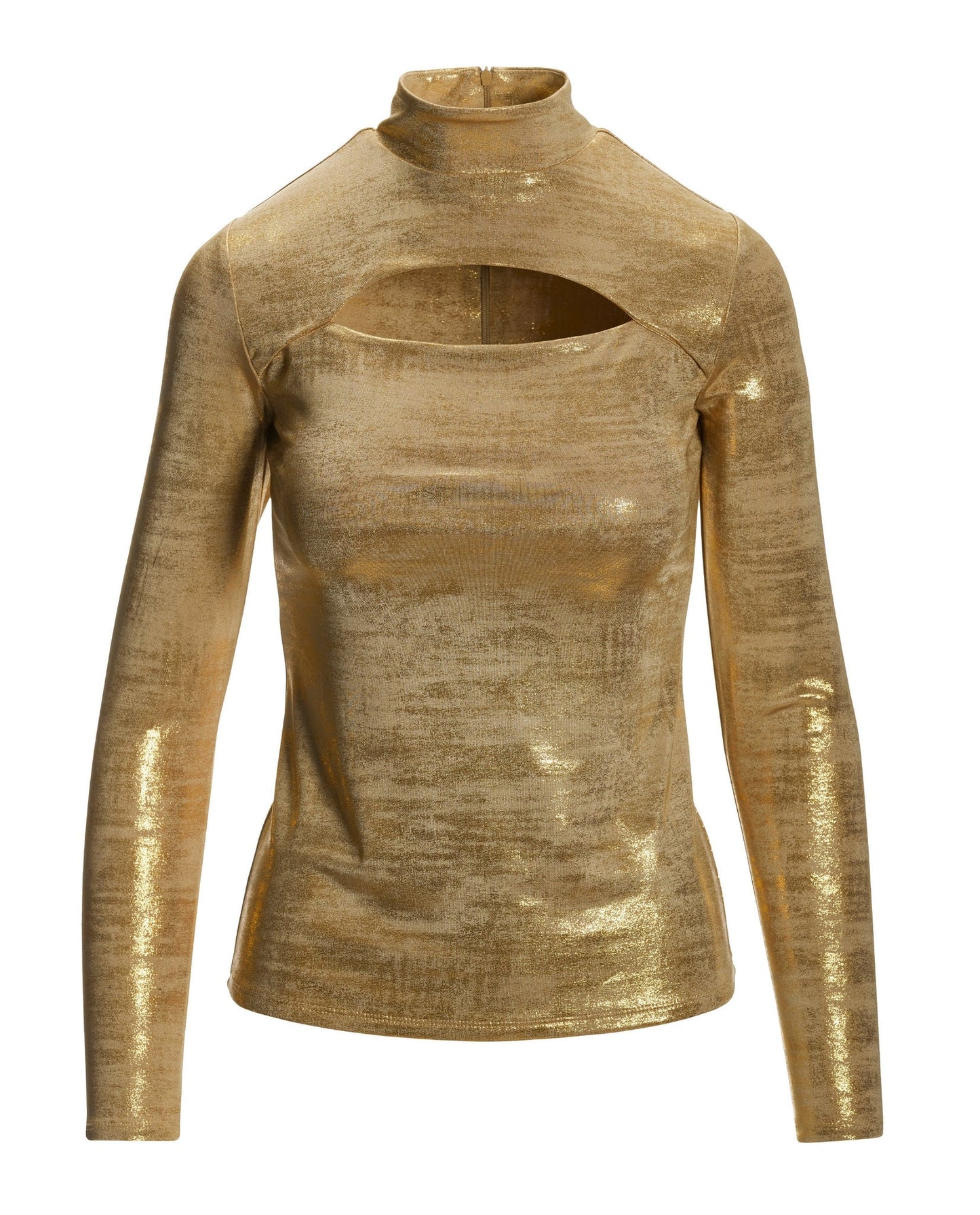 Keyhole Mock Neck Metallic Top Gold