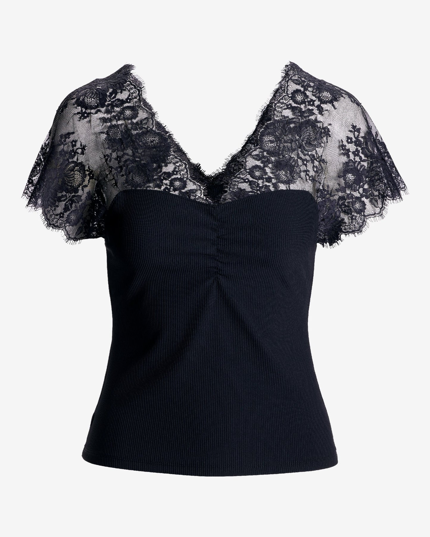 Delicate Lace and Slink Rib  Knit Top Proper Black