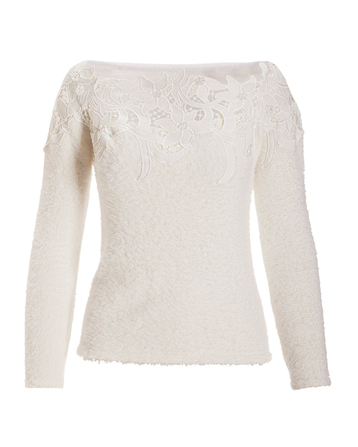 Lace Trim Plush Sweater Off White