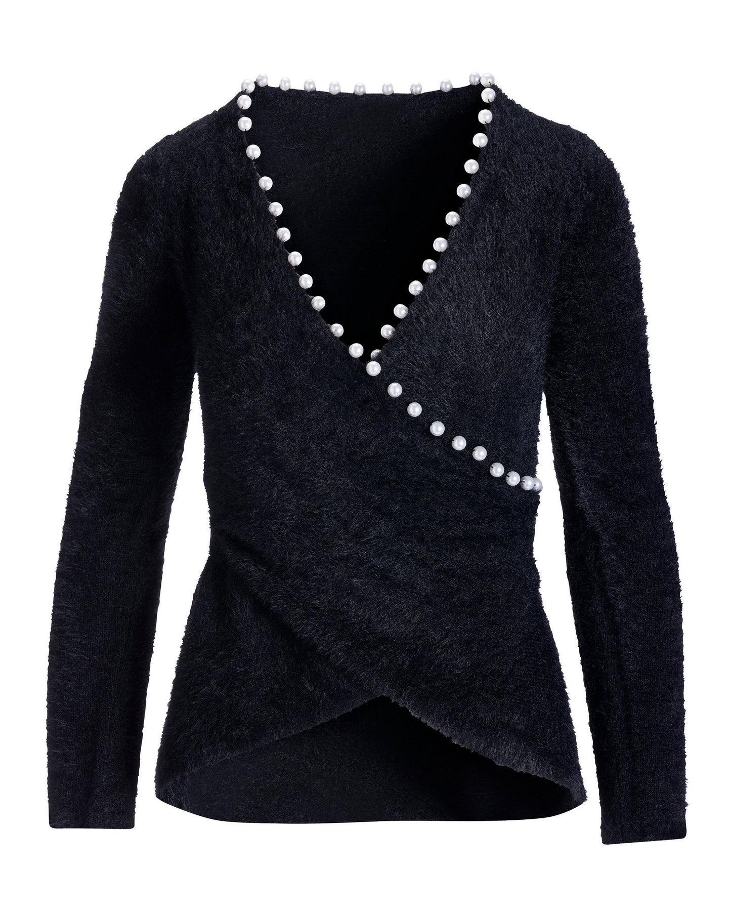 Pearl Trim Plush Surplice Sweater Black