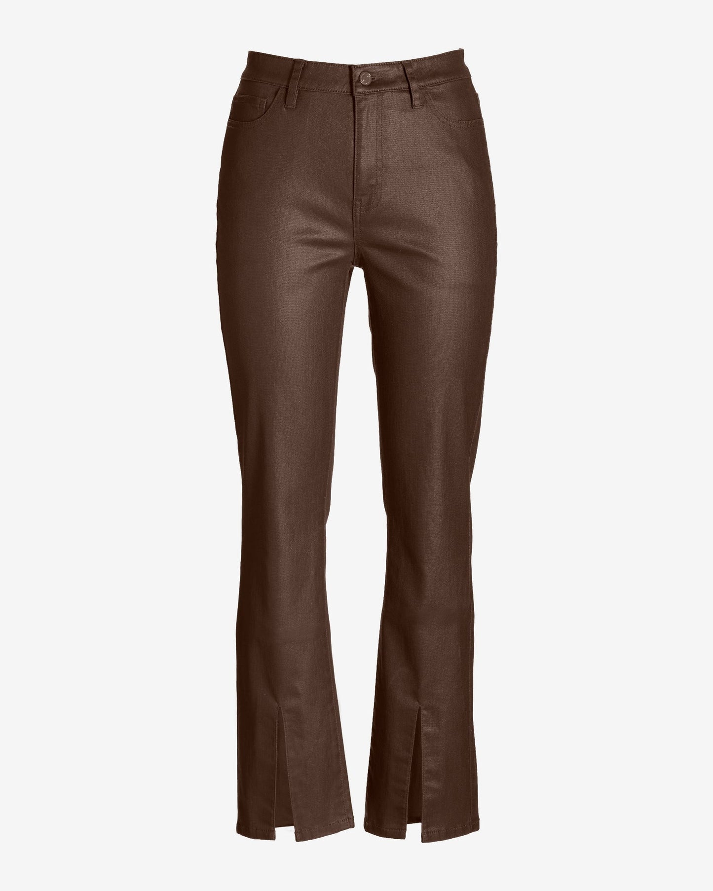 Newport High Rise Slit Front Coated Slim Straight Jean Chocolate