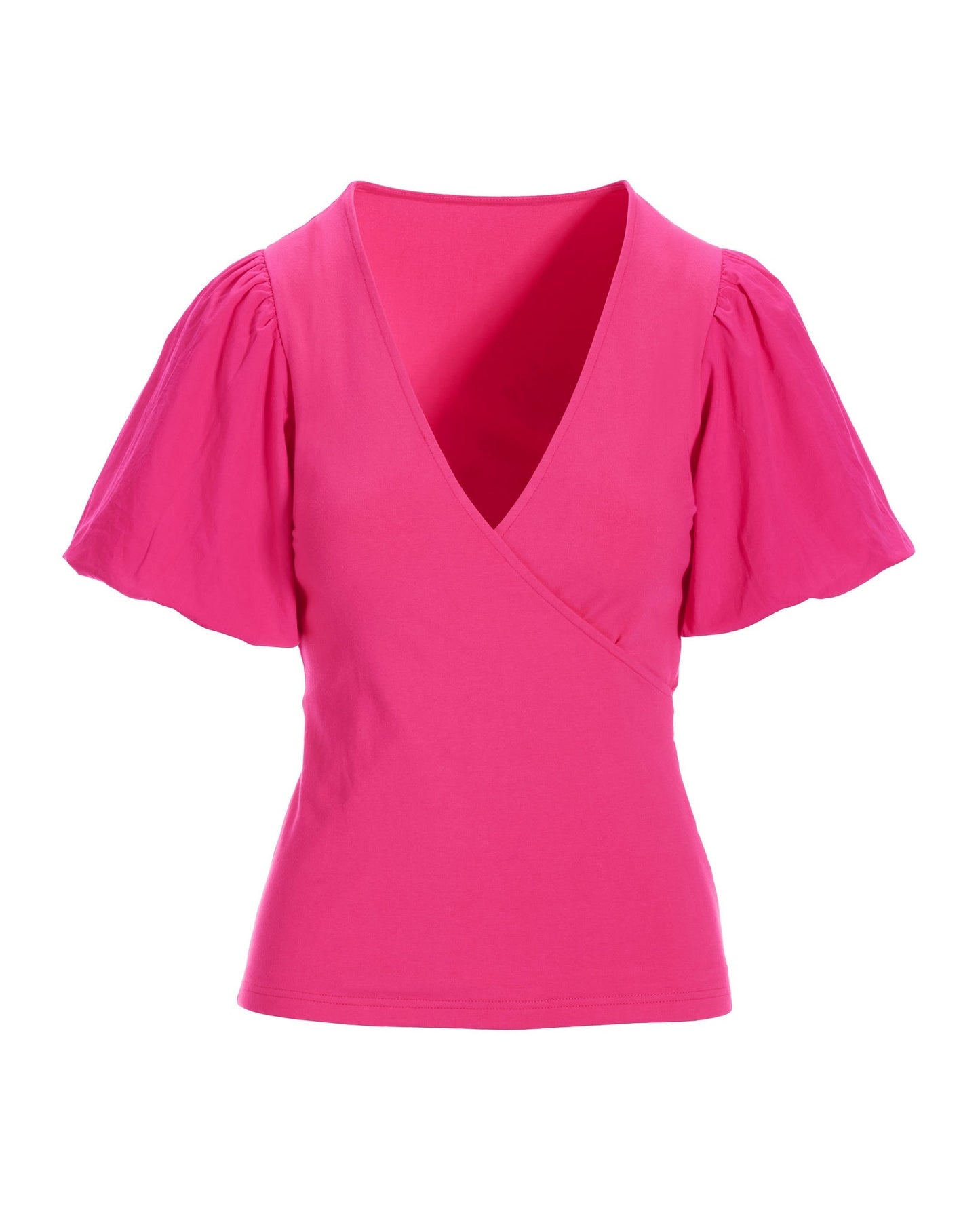 Poplin Puff-Sleeve Surplice Knit Top Fandango Pink