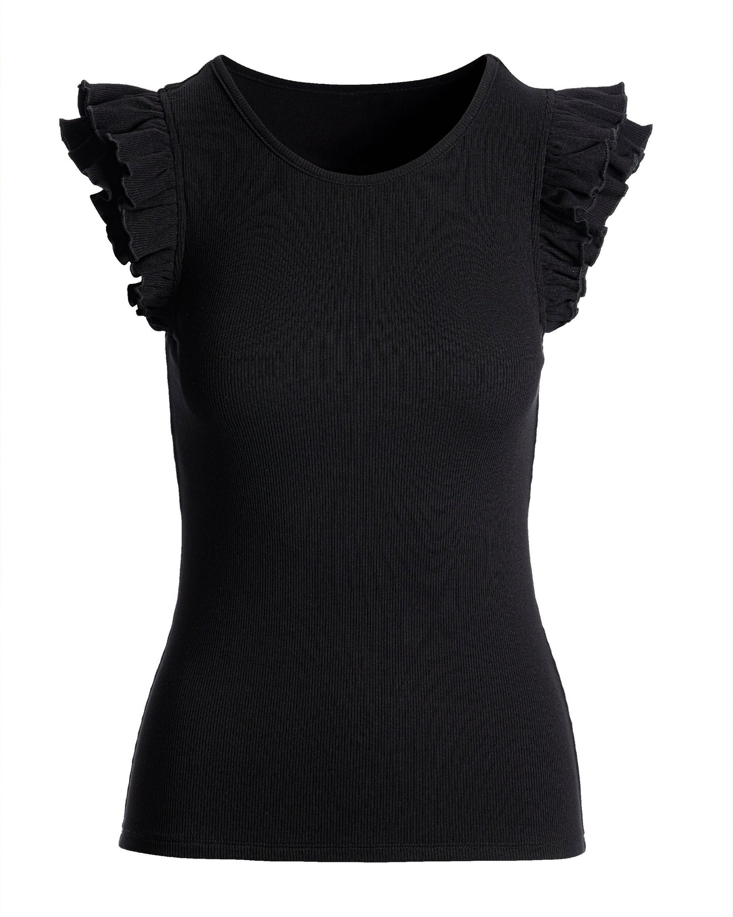 So Essential Rib Ruffle Shoulder Tank Proper Black