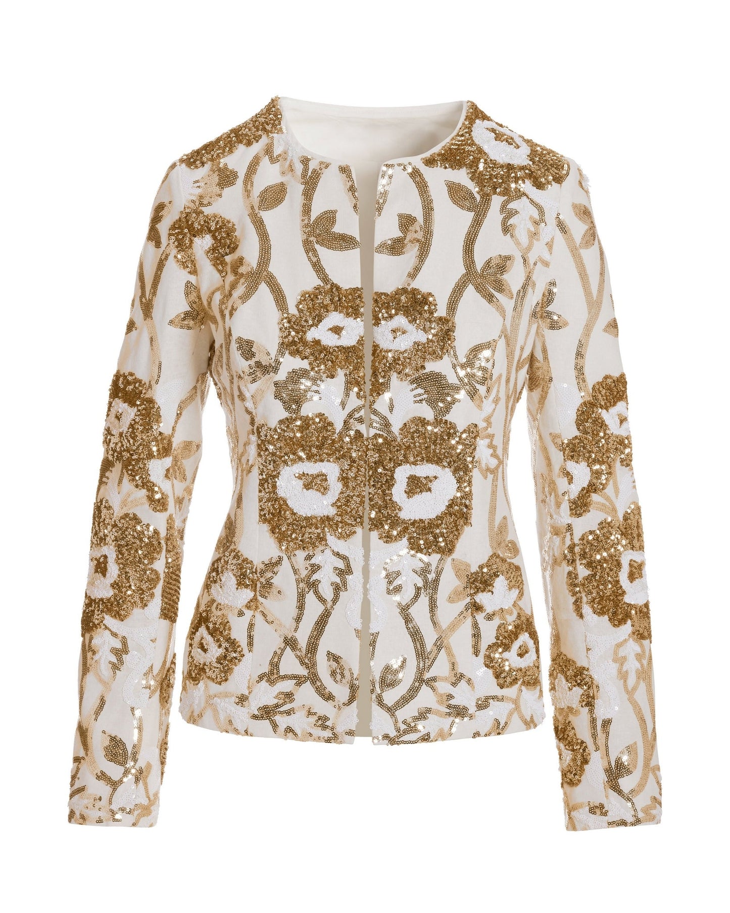Floral Sequin Embellished Linen Jacket White Multi