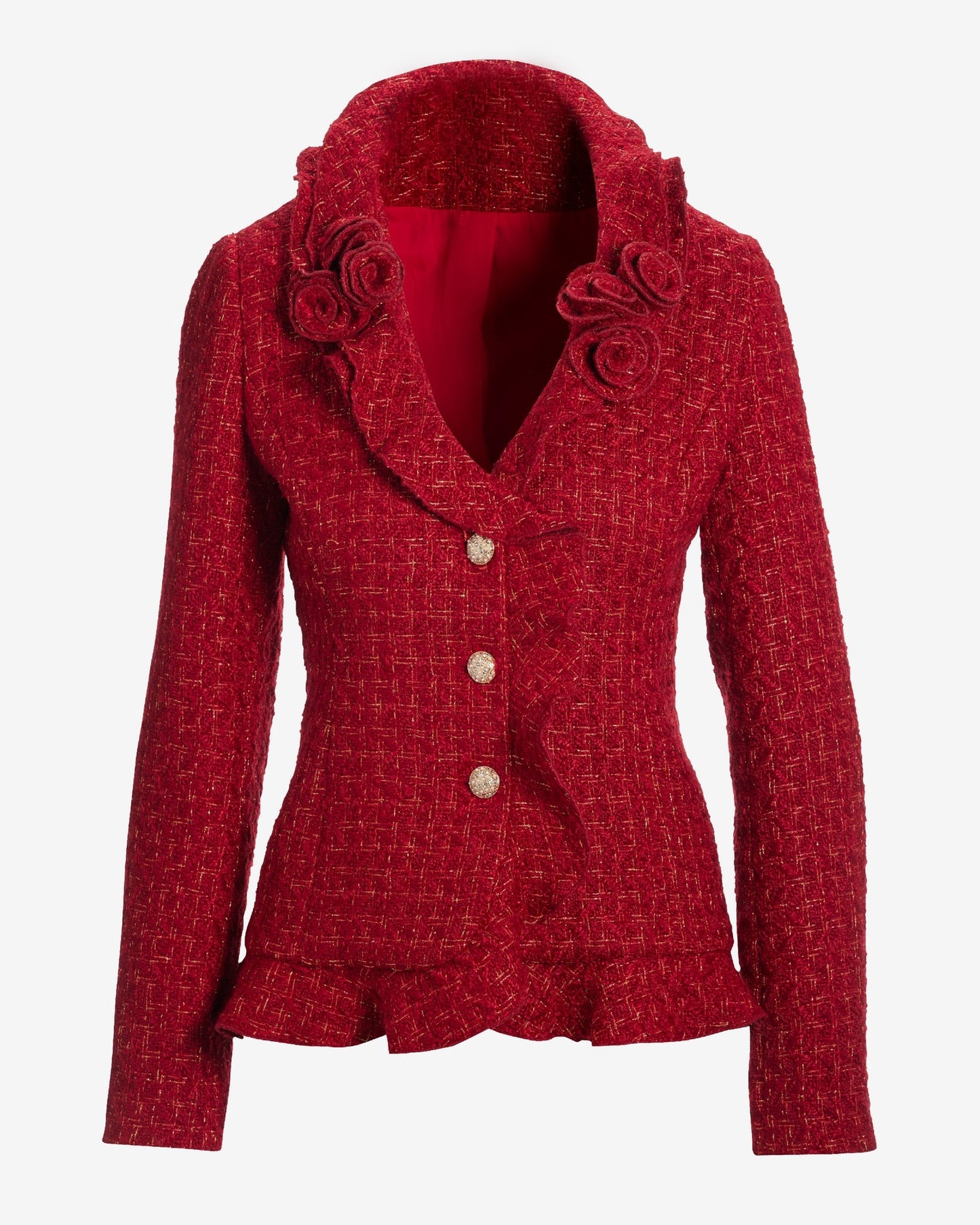 Rosette Ruffle Tweed Jacket Red/Gold
