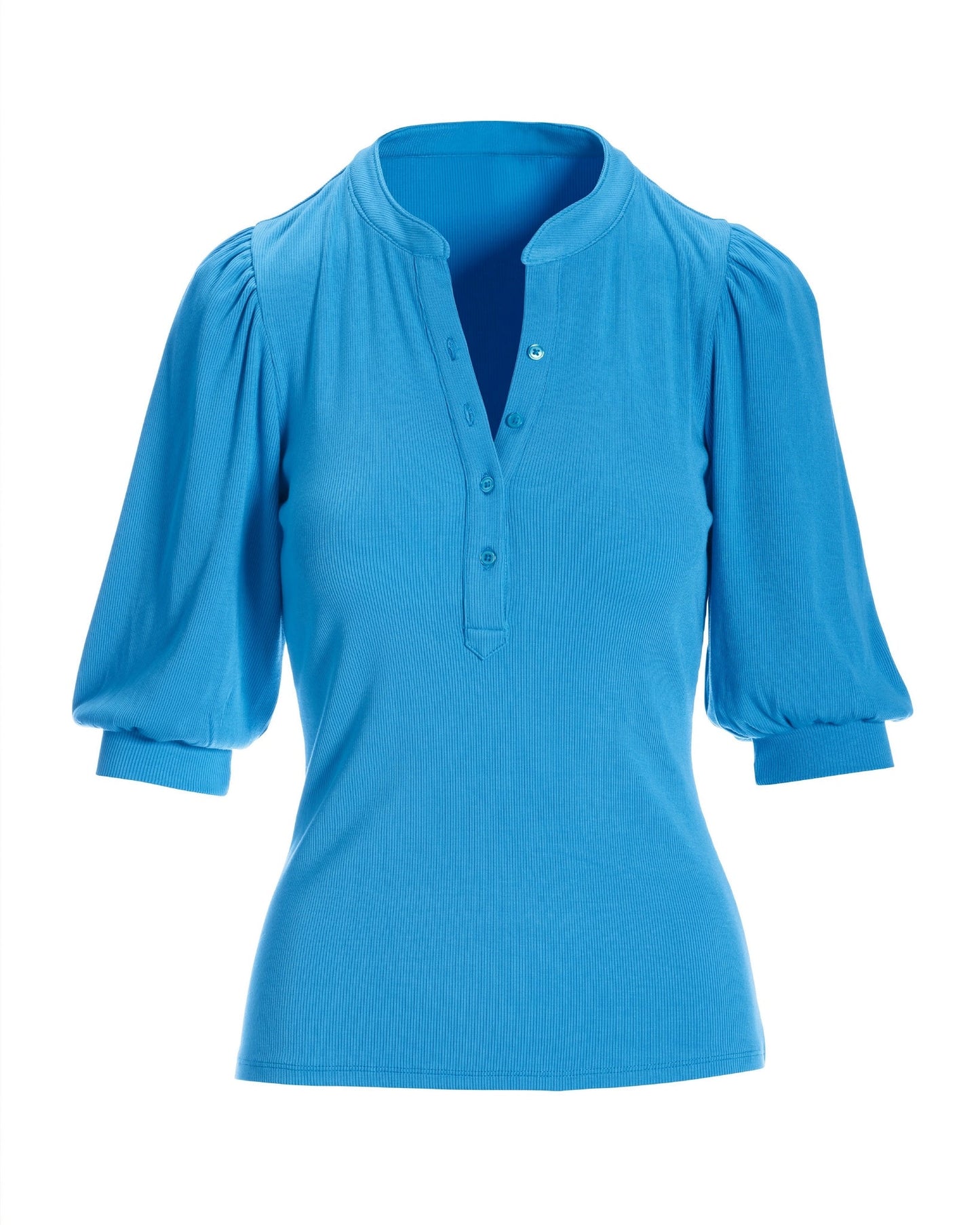 So Essential Ribbed Puff Sleeve Henley Top Malibu Blue