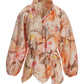 Ipanema Orchids Print Covered Button Linen Tunic Top Orange Multi