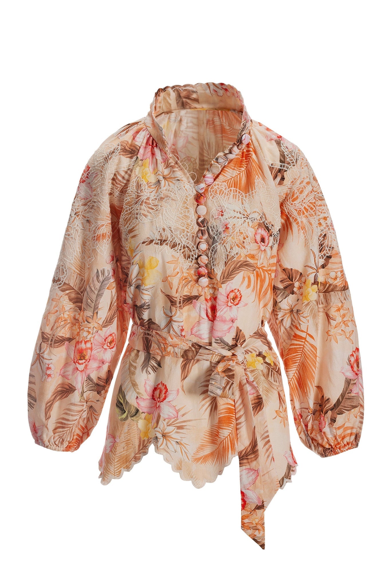 Ipanema Orchids Print Covered Button Linen Tunic Top Orange Multi