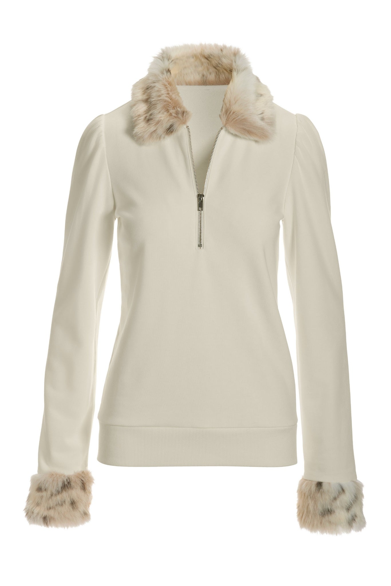 Snow Leopard Half-Zip Puff-Sleeve Sweatshirt Off White