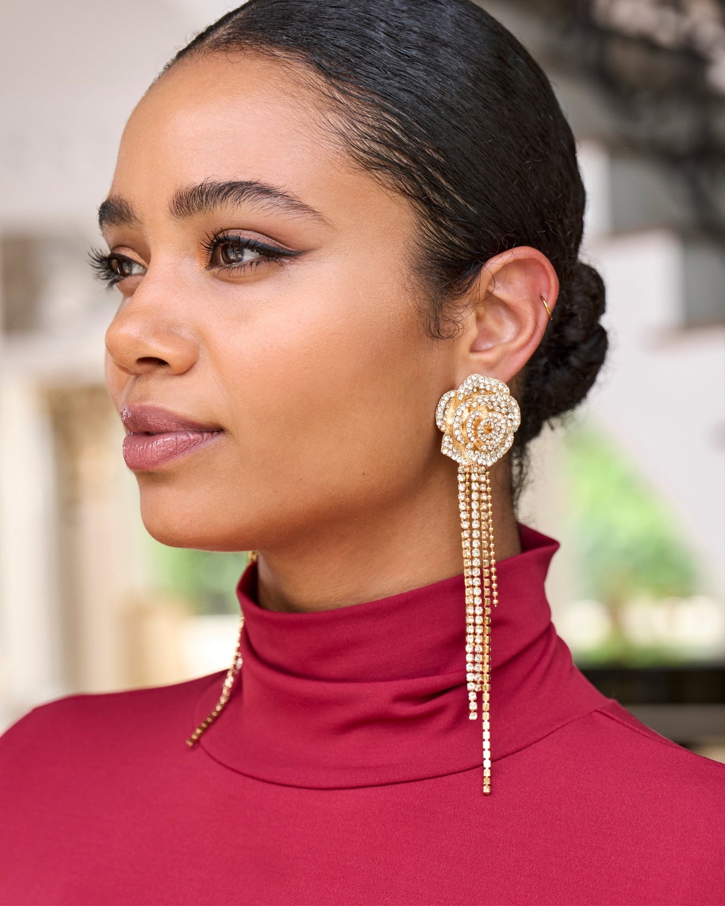 Rosette Rhinestone Fringe Earring Gold